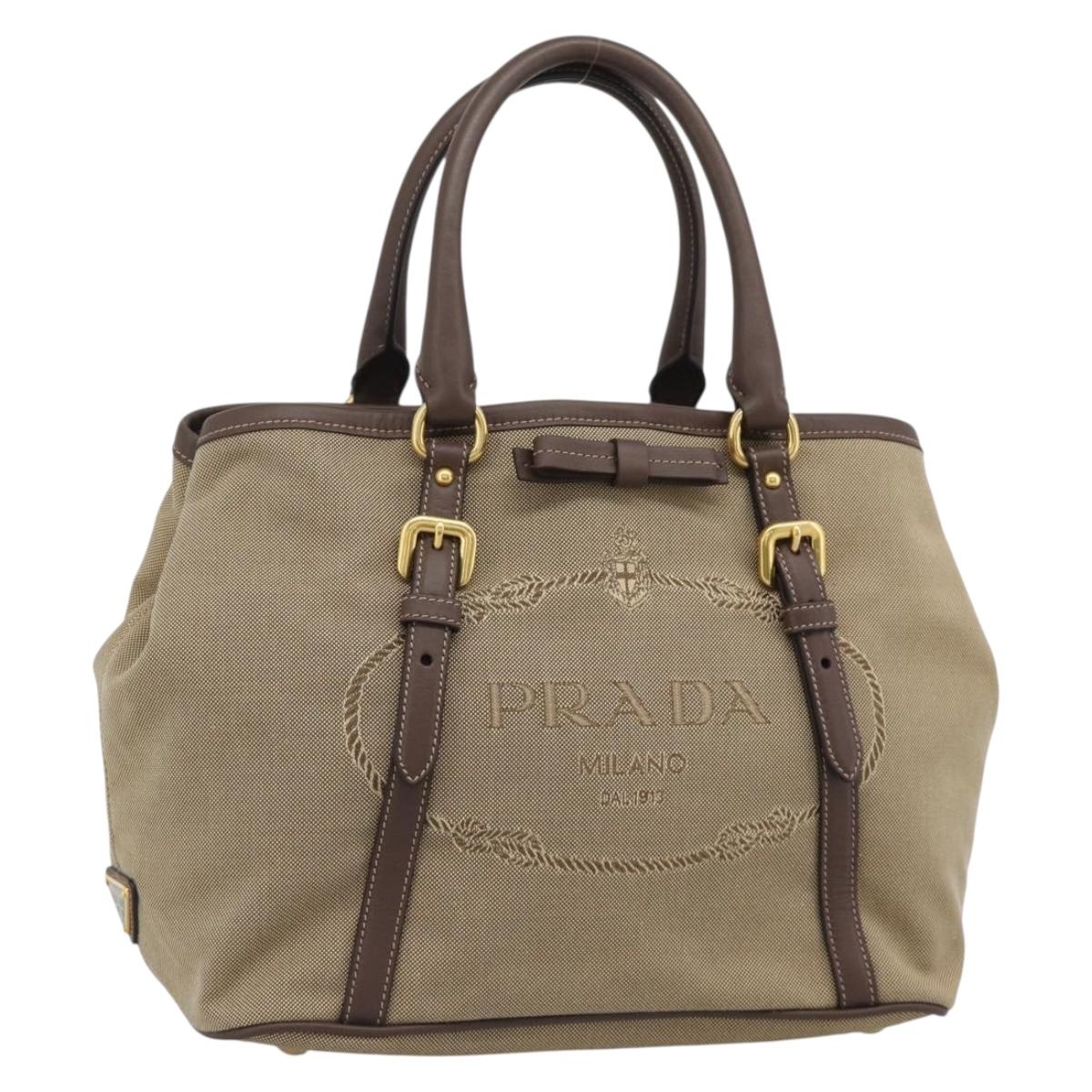 Prada Canapa Jacquard Logo Tote — Khaki Canvas, Brown Leather Trim