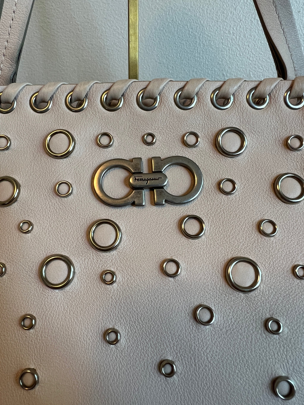 Salvatore Ferragamo Blush Gancini Studded Leather Tote Bag