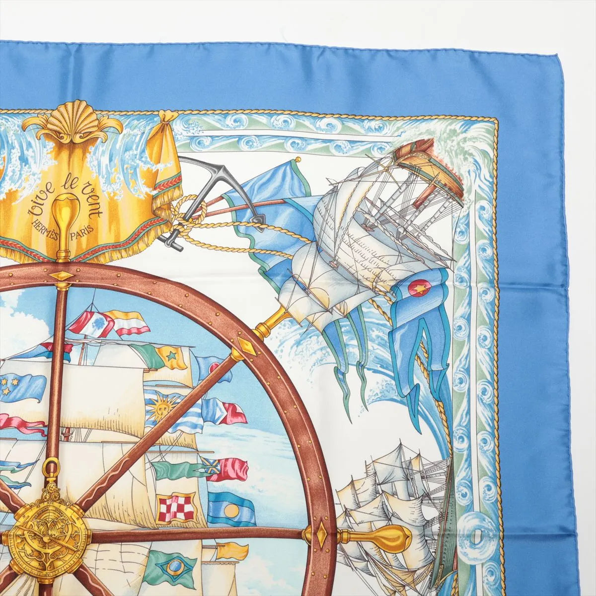 Hermès Silk Carré 90 — "Vive le Vent" — Cornflower Blue Made in France / 100% Silk
