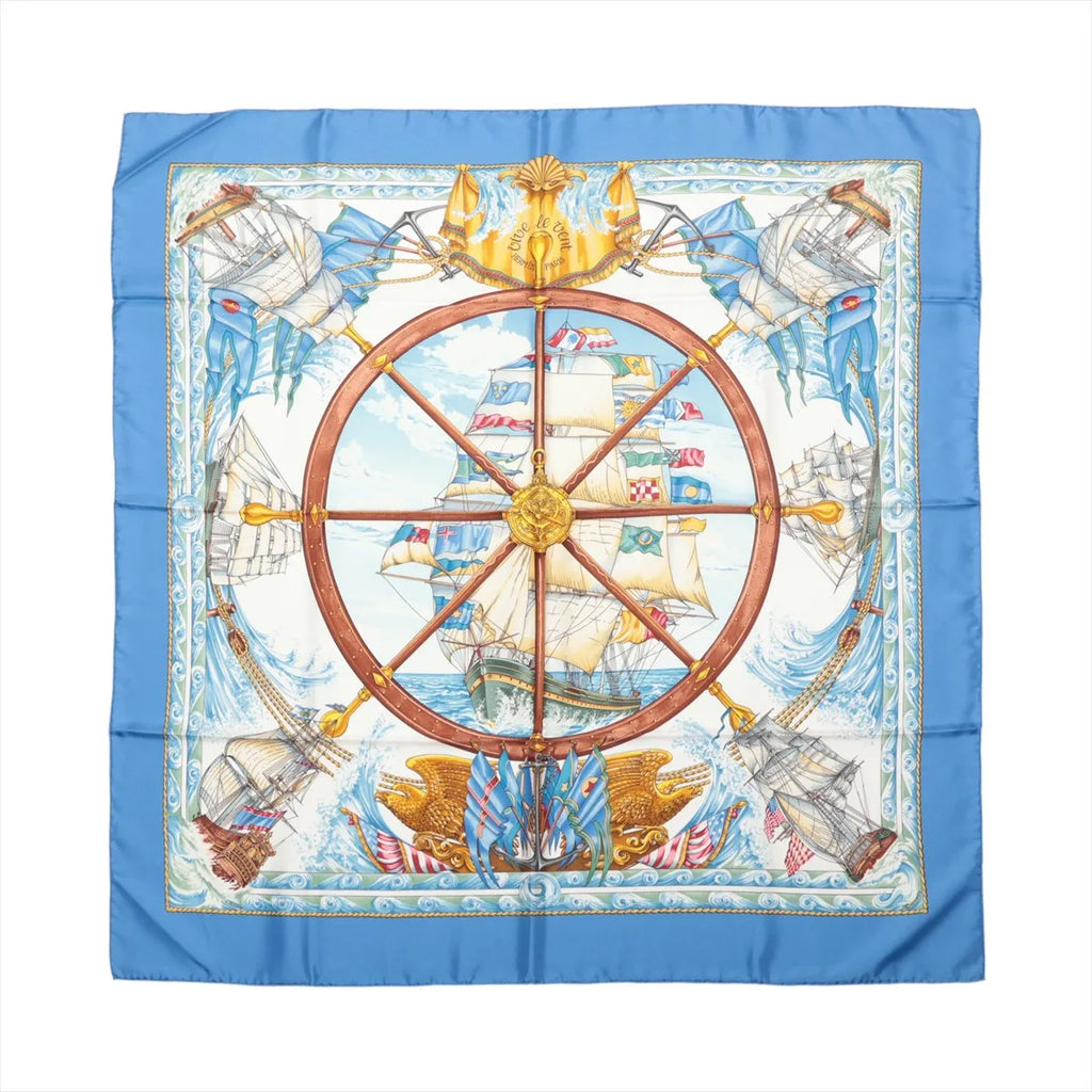 Hermès Silk Carré 90 — "Vive le Vent" — Cornflower Blue Made in France / 100% Silk