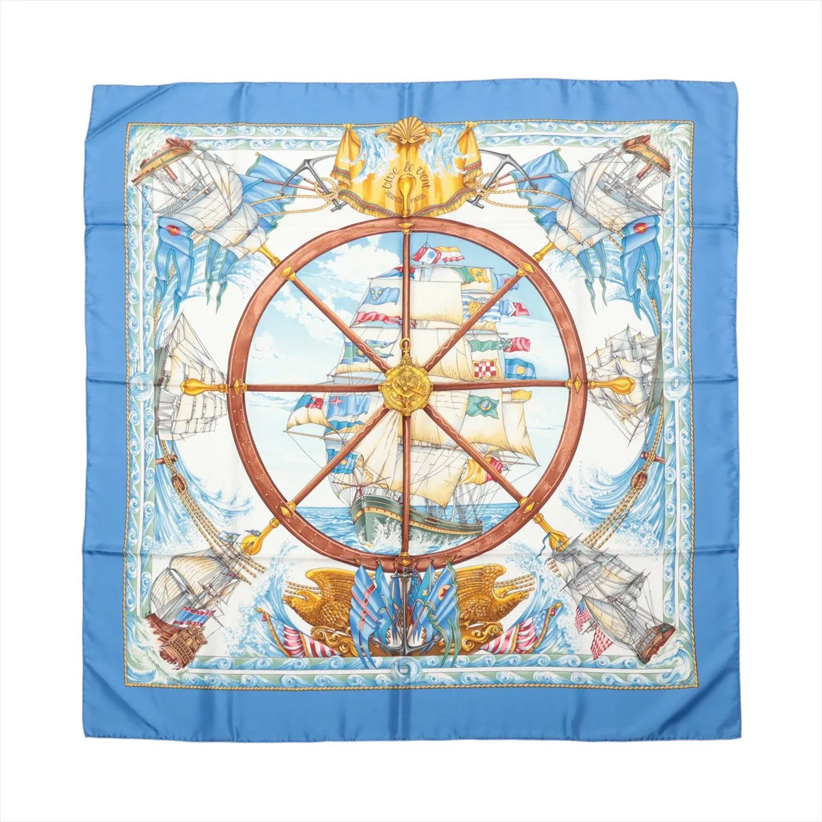 Hermès Silk Carré 90 — "Vive le Vent" — Cornflower Blue Made in France / 100% Silk
