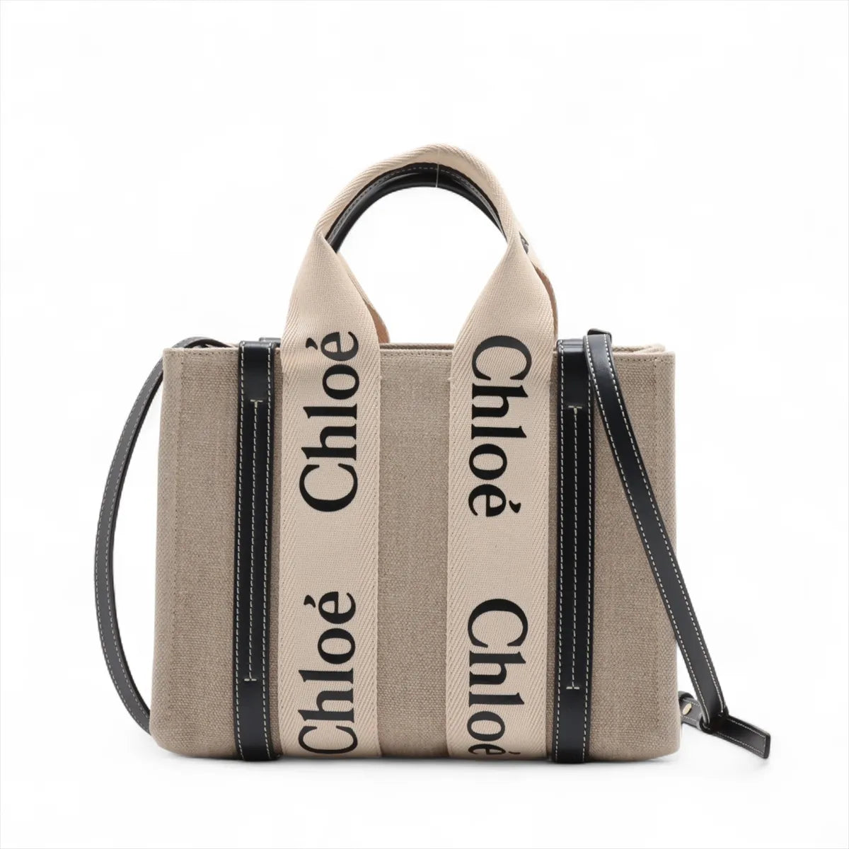 Chloé Woody Small Canvas & Leather 2-Way Handbag Beige Black