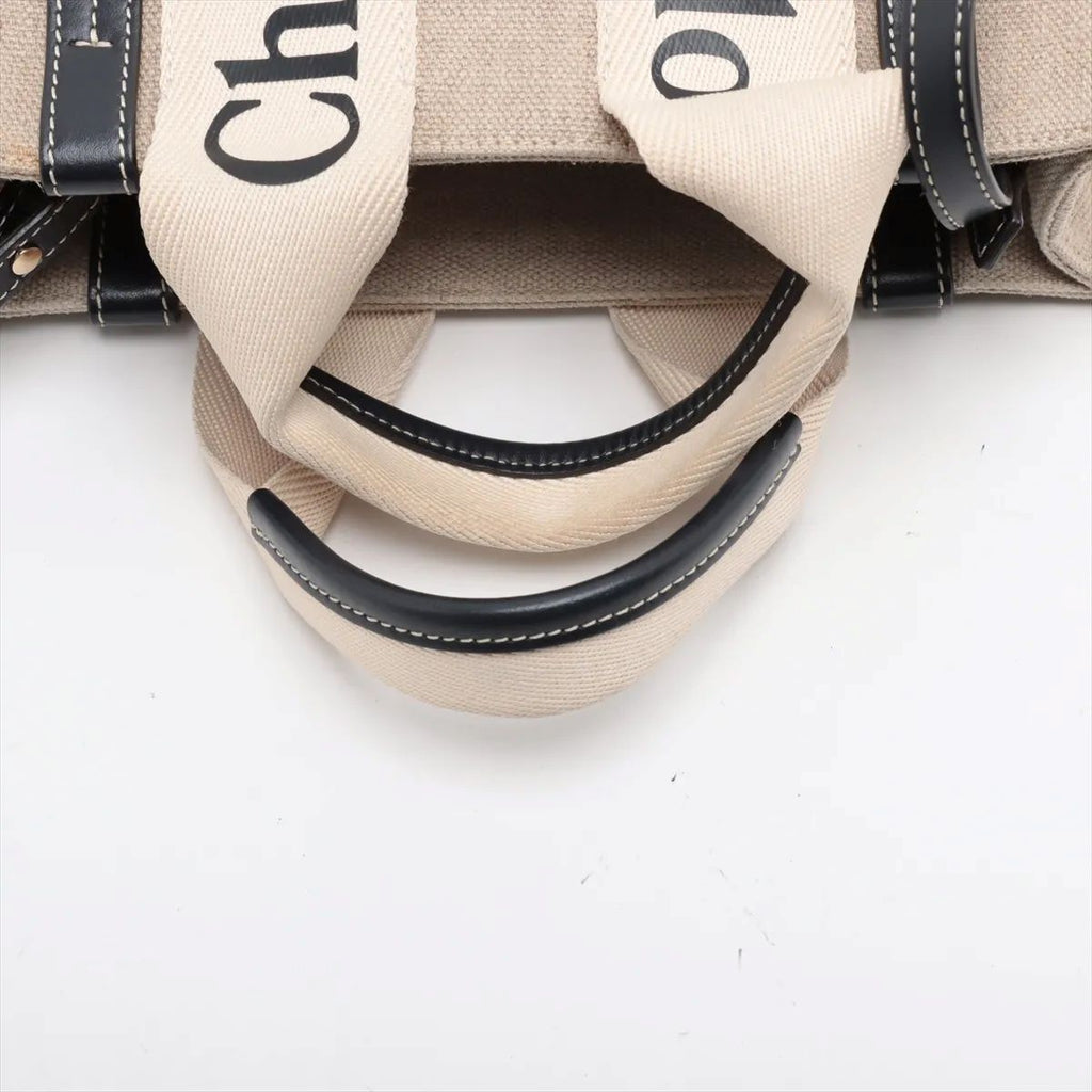 Chloé Woody Small Canvas & Leather 2-Way Handbag Beige Black