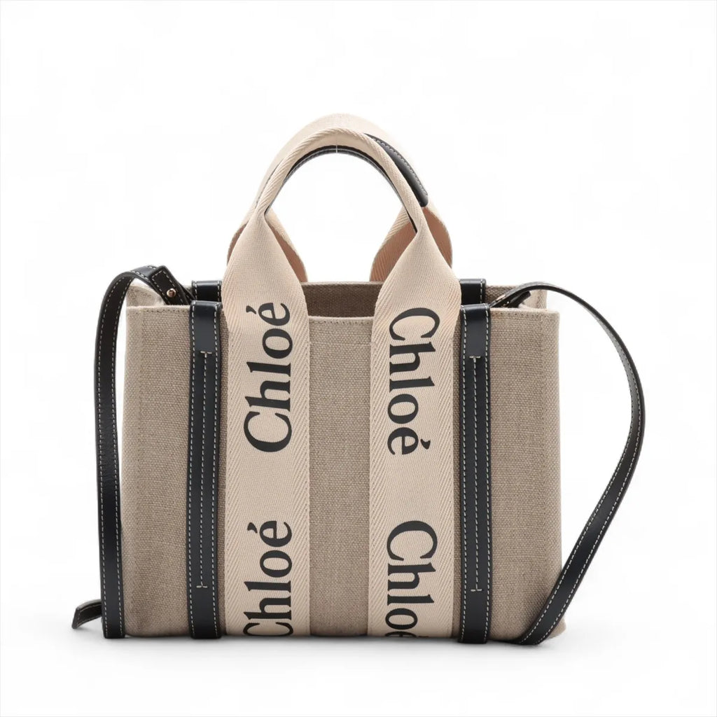 Chloé Woody Small Canvas & Leather 2-Way Handbag Beige Black