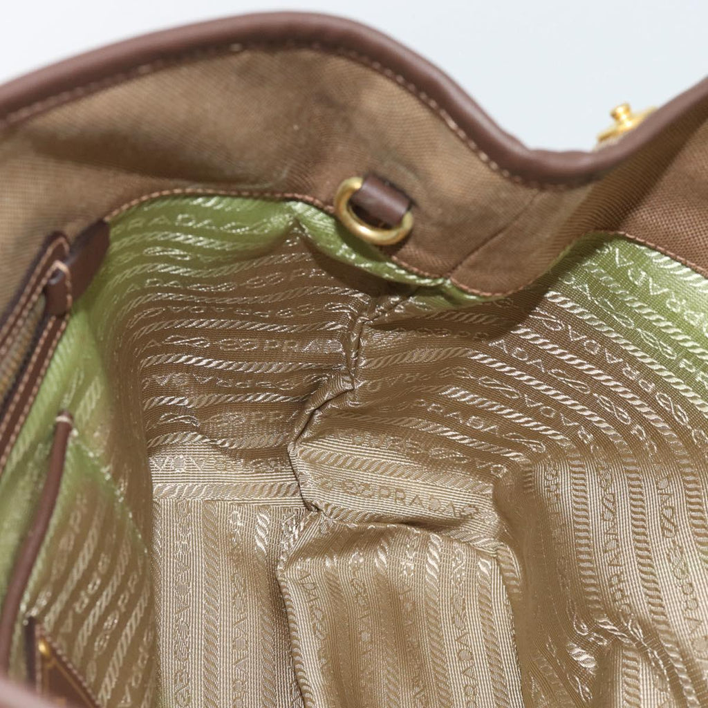 Prada Canapa Jacquard Logo Tote — Khaki Canvas, Brown Leather Trim