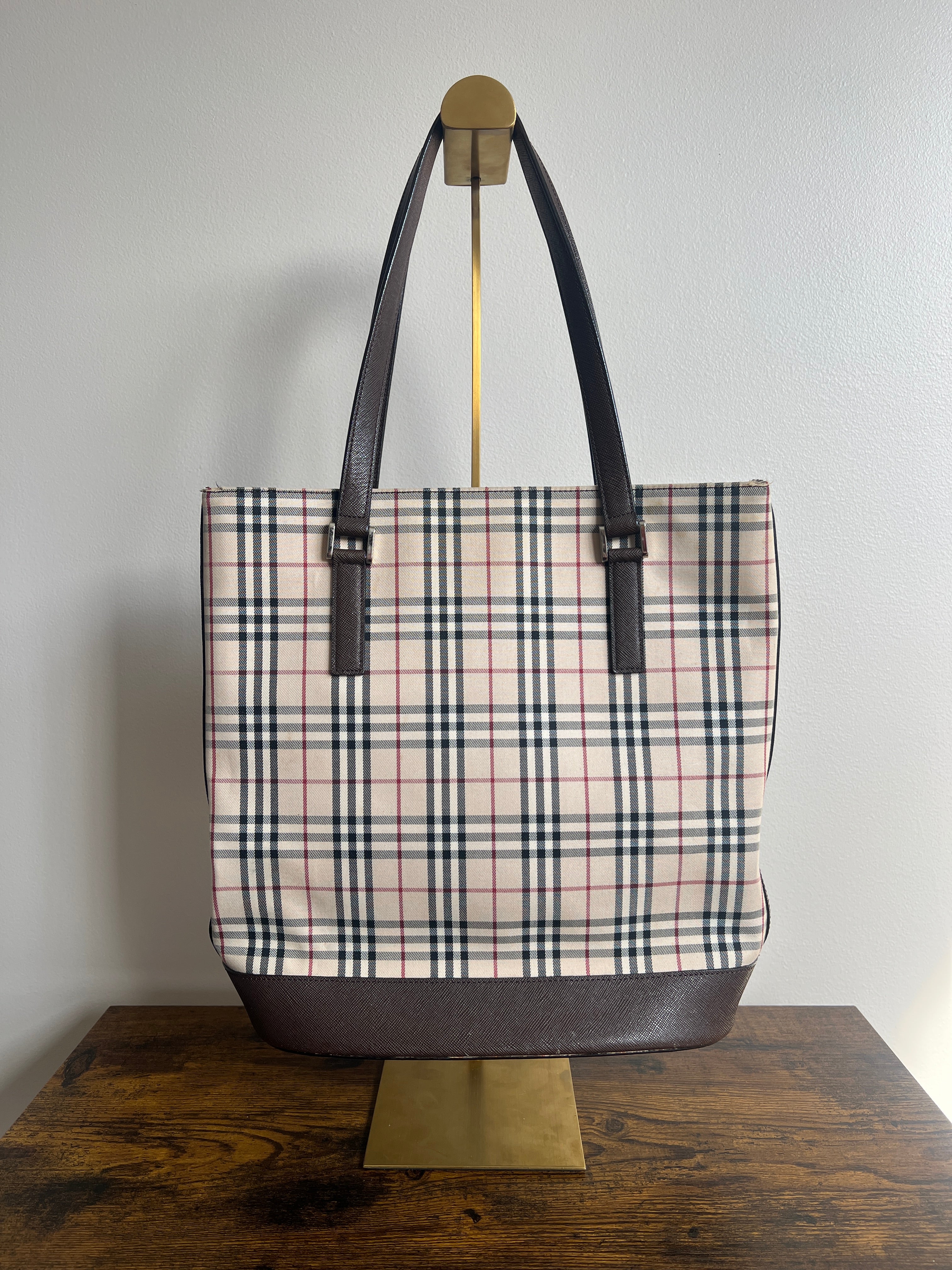 Burberry Vintage Nova Check Canvas Tote Bag - Brown leather