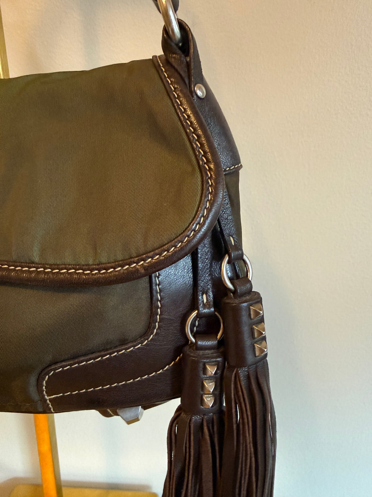 Prada Nylon Fringe Shoulder Bag — Olive Green