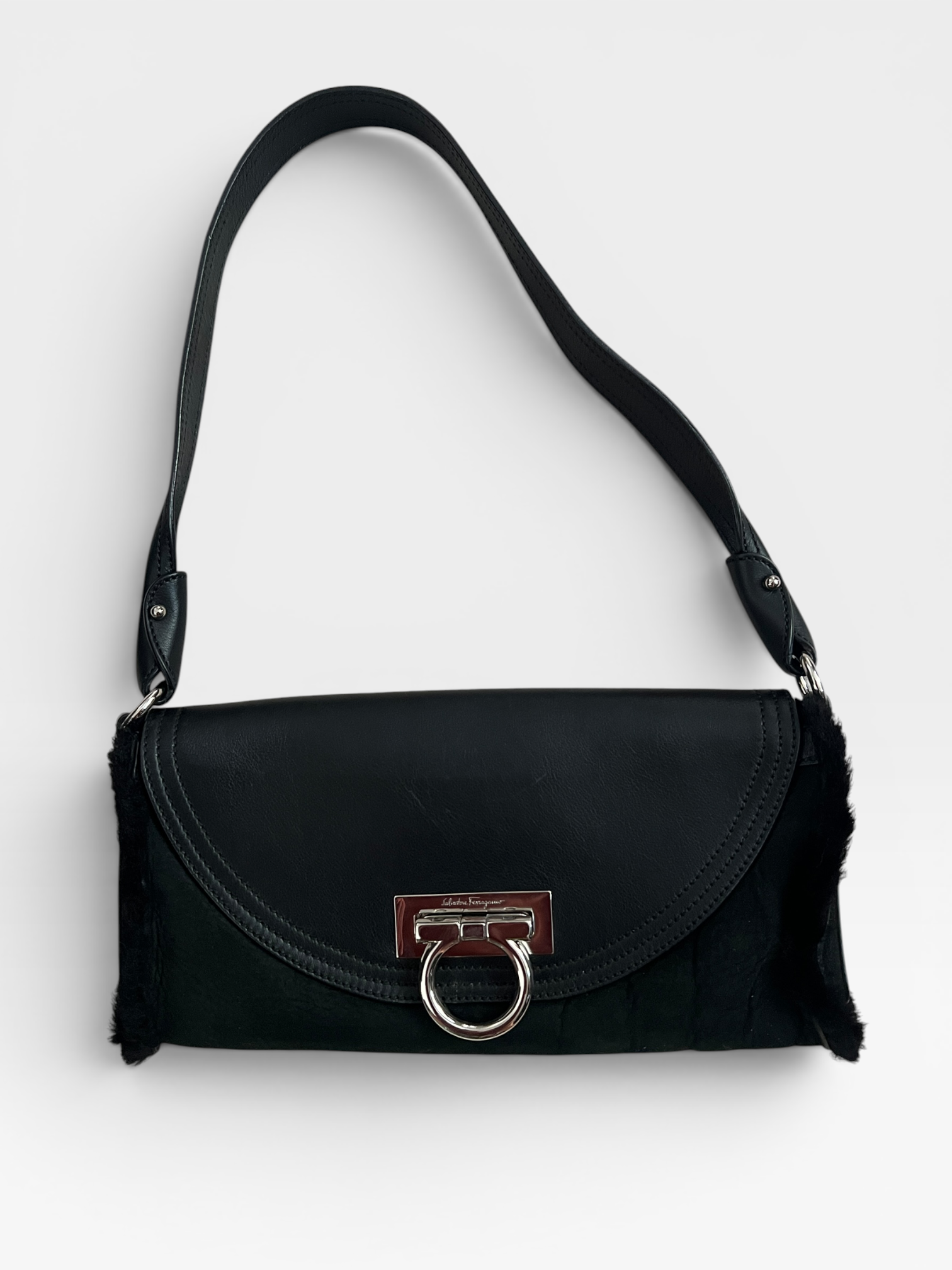 Salvatore Ferragamo Black Shearling & Leather Gancini Mini Shoulder Bag