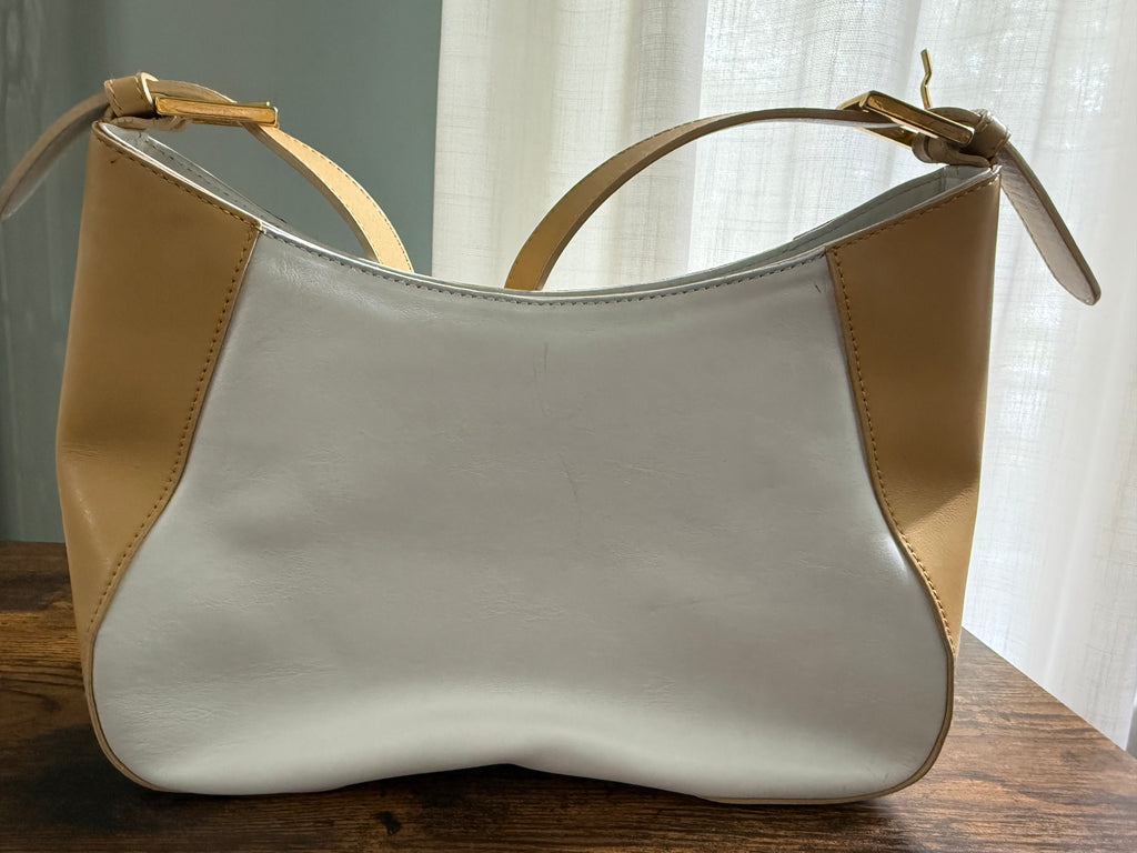 Bruno Magli Ivory Camel Leather Shoulder Bag Small Hobo Italy Gold Hardware Minimalist Y2K