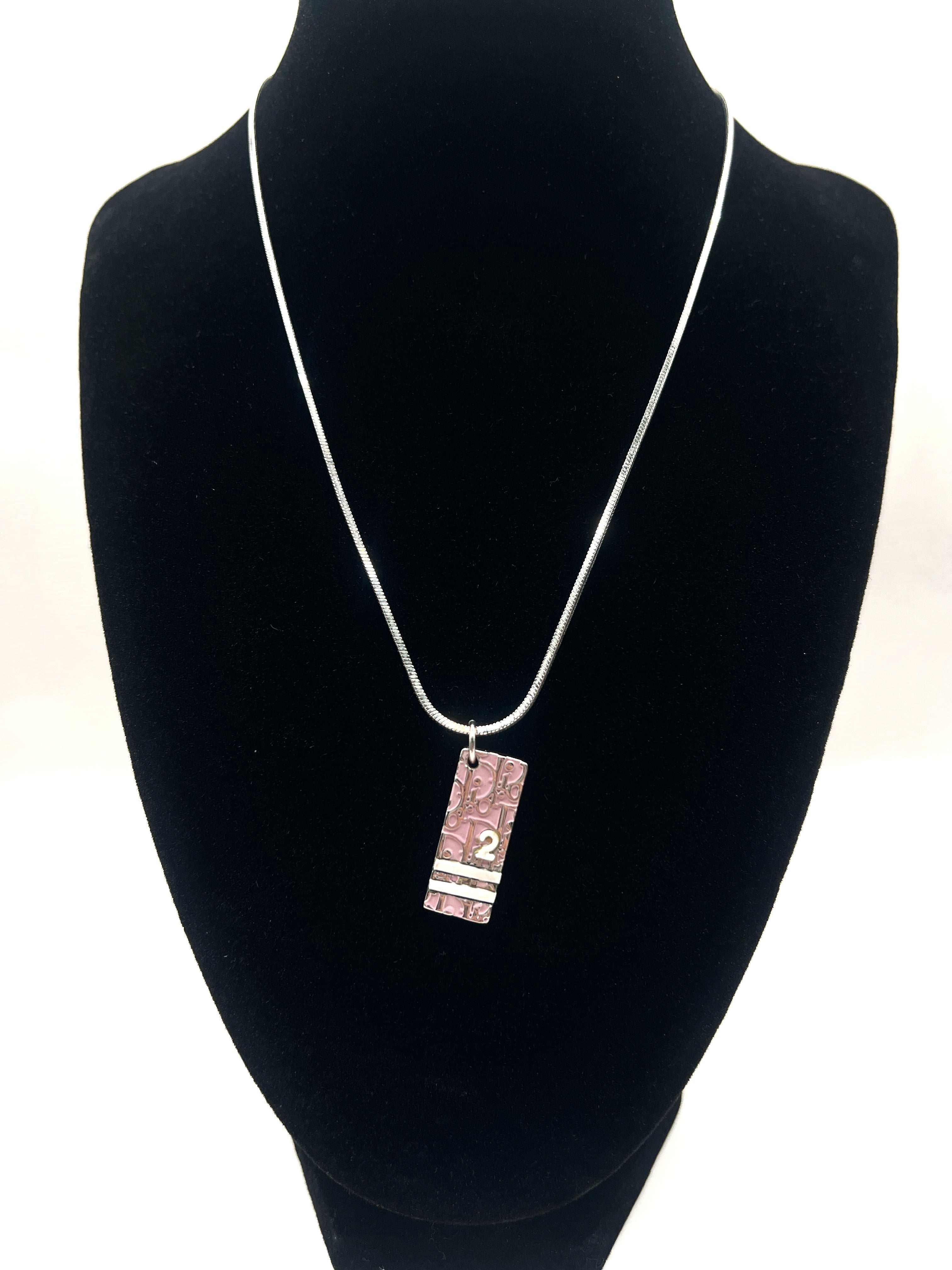 Vintage Dior Pink Enamel Monogram Pendant Necklace