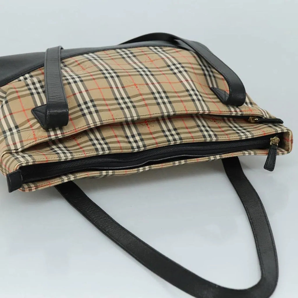 Burberry Nova Check Canvas Tote with Black Leather Trim