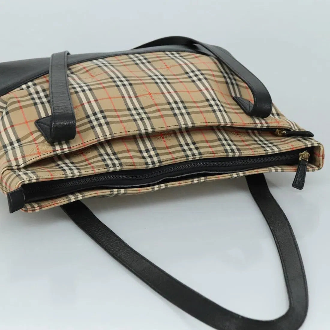 Burberry Nova Check Canvas Tote with Black Leather Trim