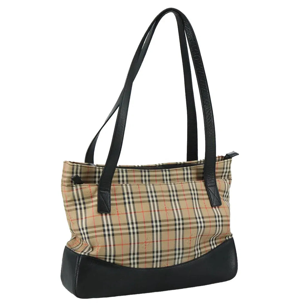 Burberry Nova Check Canvas Tote with Black Leather Trim