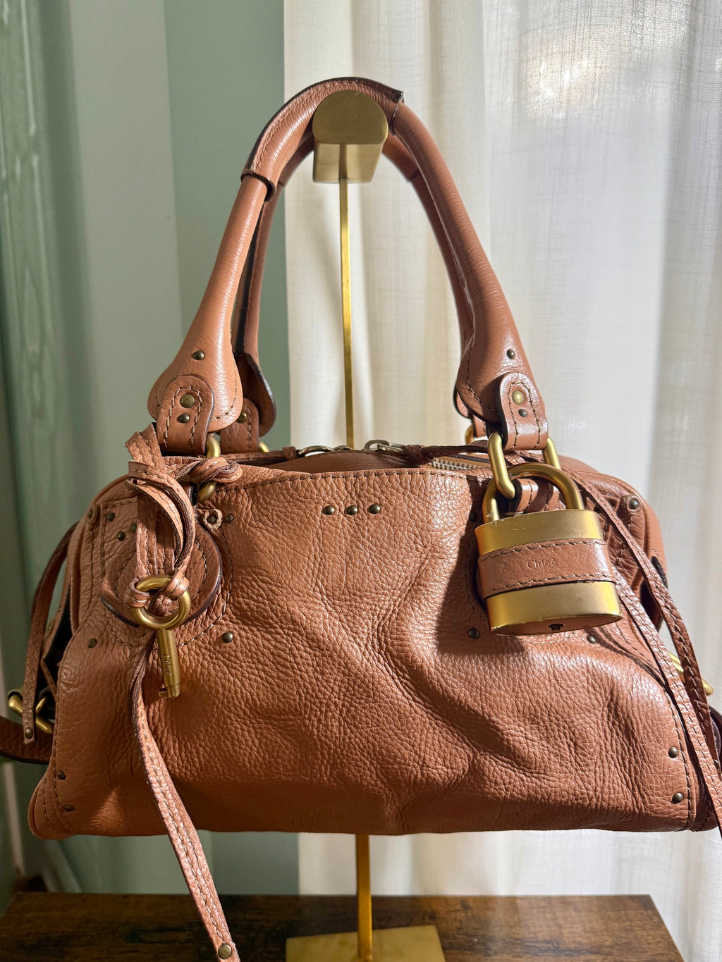 Chloé Paddington Lock Bag in Caramel Pebbled Leather