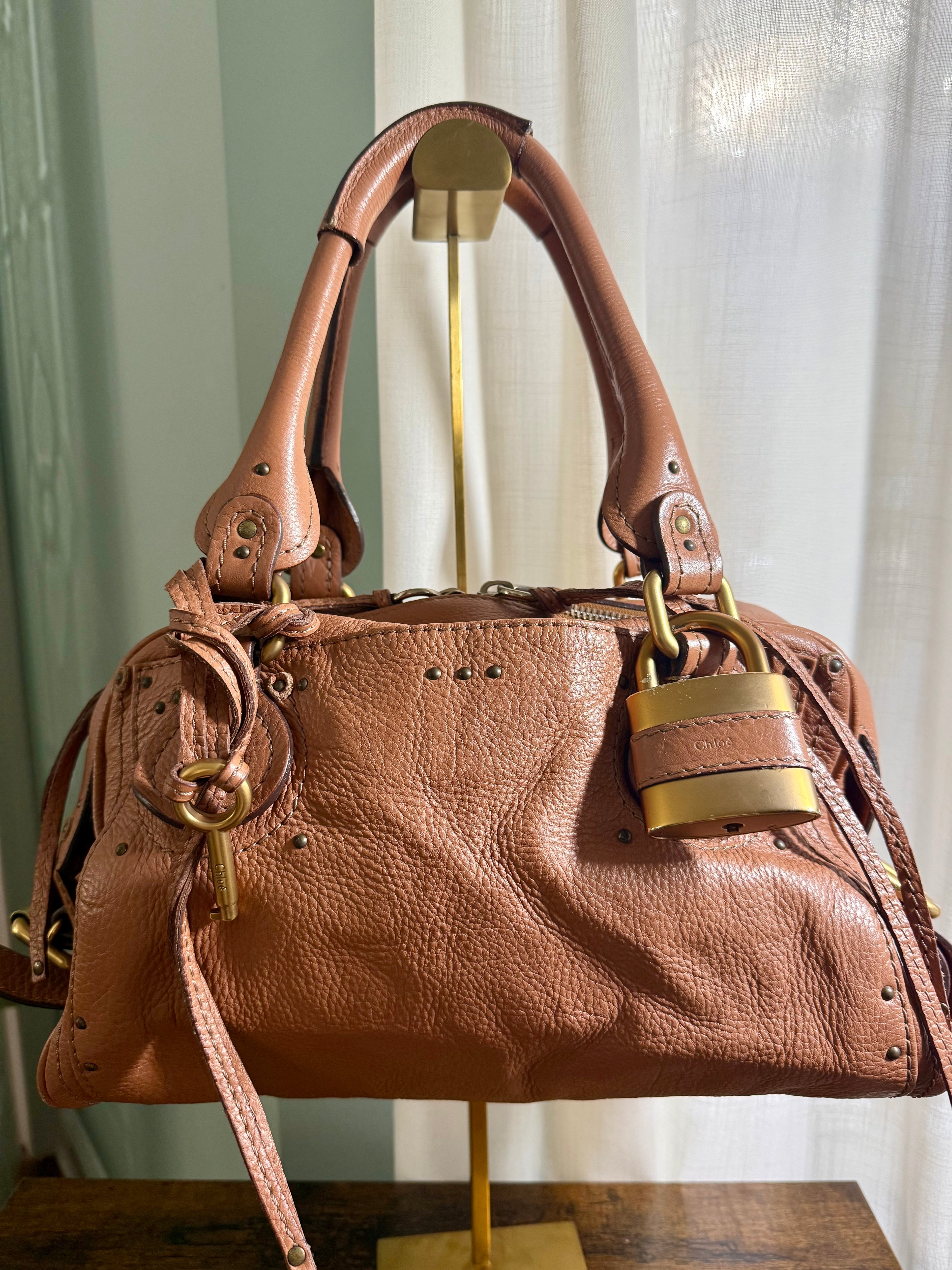 Chloé Paddington Lock Bag in Caramel Pebbled Leather