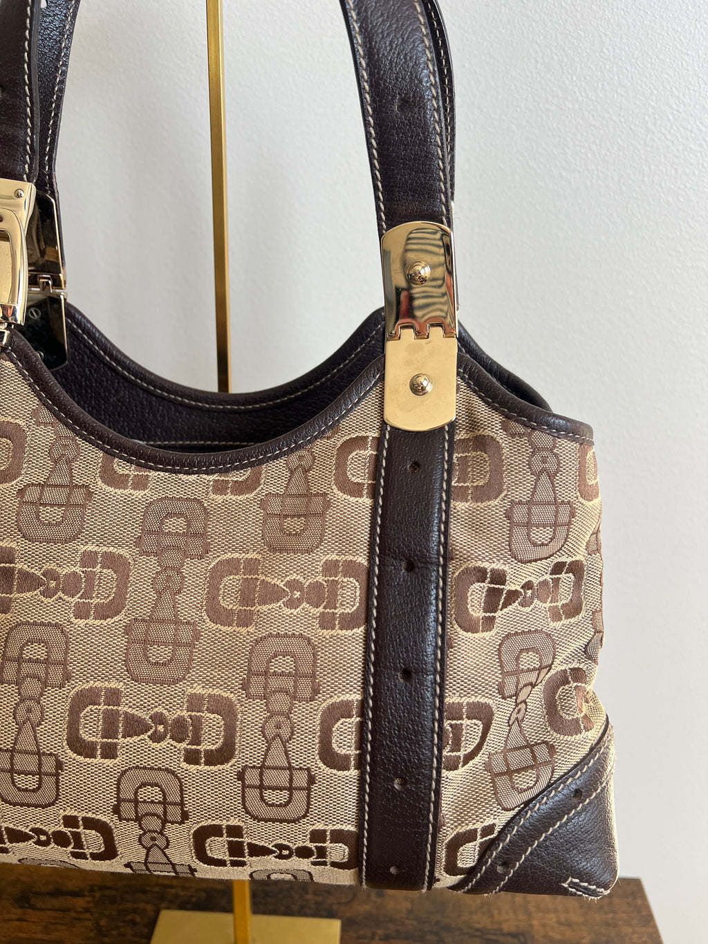 Gucci Horsebit Monogram Canvas & Leather Shoulder Bag