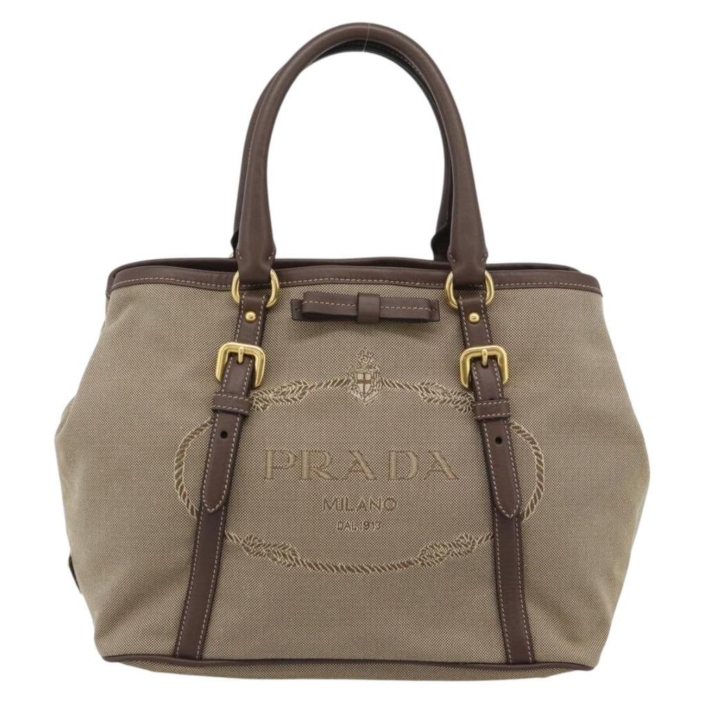 Prada Canapa Jacquard Logo Tote — Khaki Canvas, Brown Leather Trim