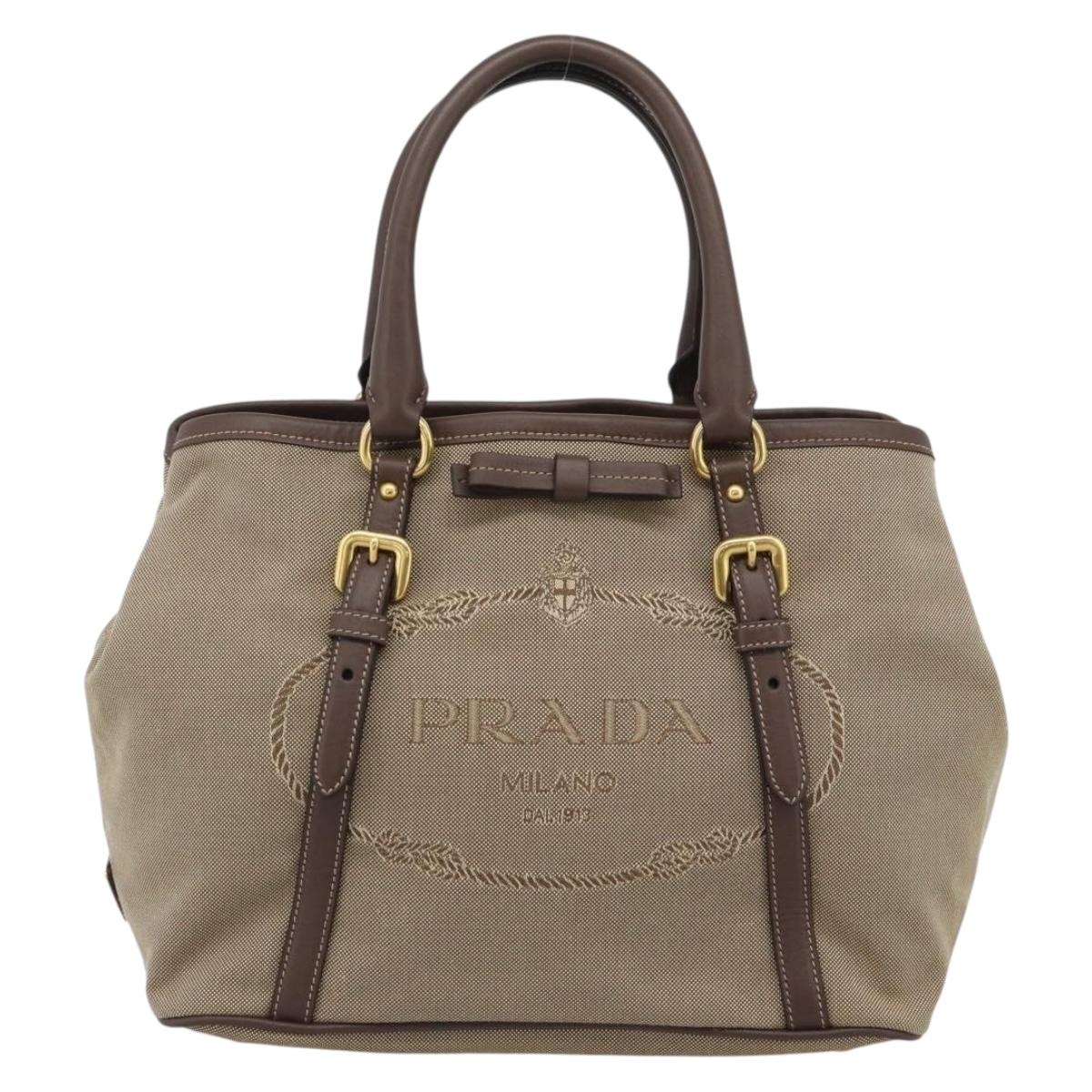 Prada Canapa Jacquard Logo Tote — Khaki Canvas, Brown Leather Trim