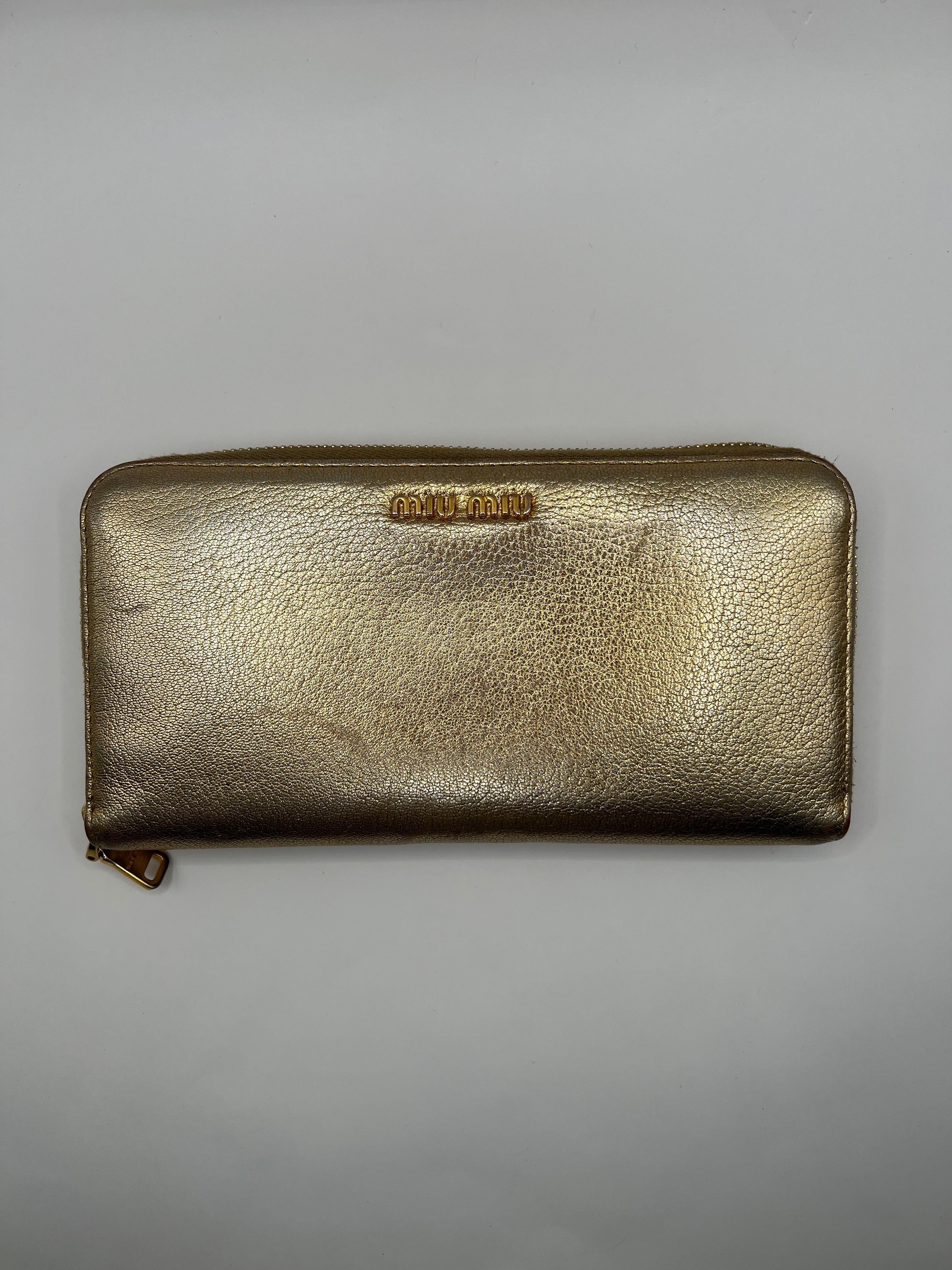 Miu Miu Gold Metallic Zip-Around Wallet