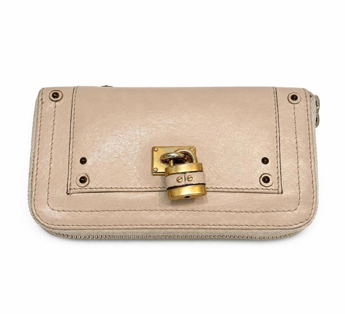 Chloé Paddington Zip-Around Wallet — Nude Leather with Padlock & Key