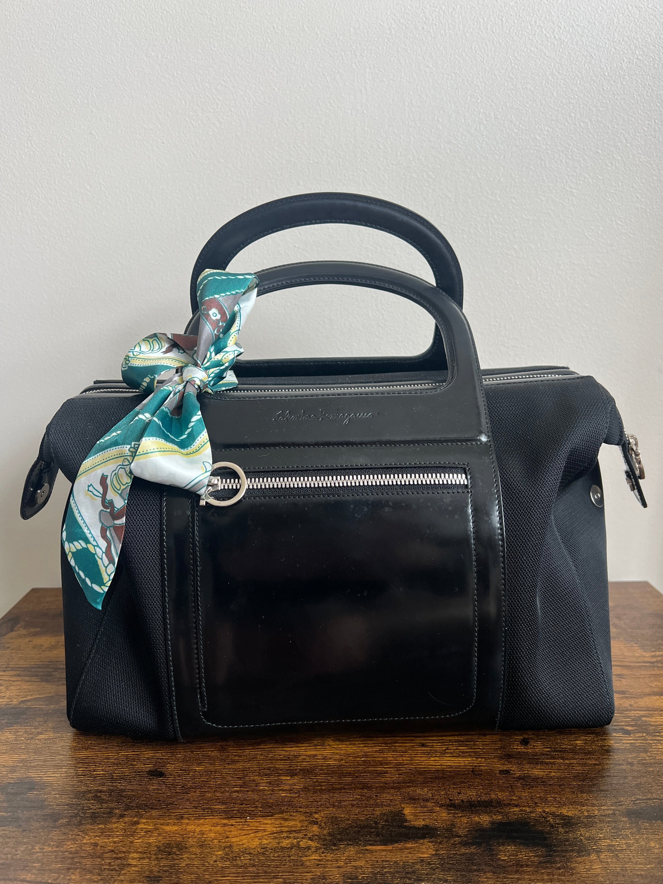 Ferragamo Patent Leather & Nylon Structured Top-Handle Tote – Black