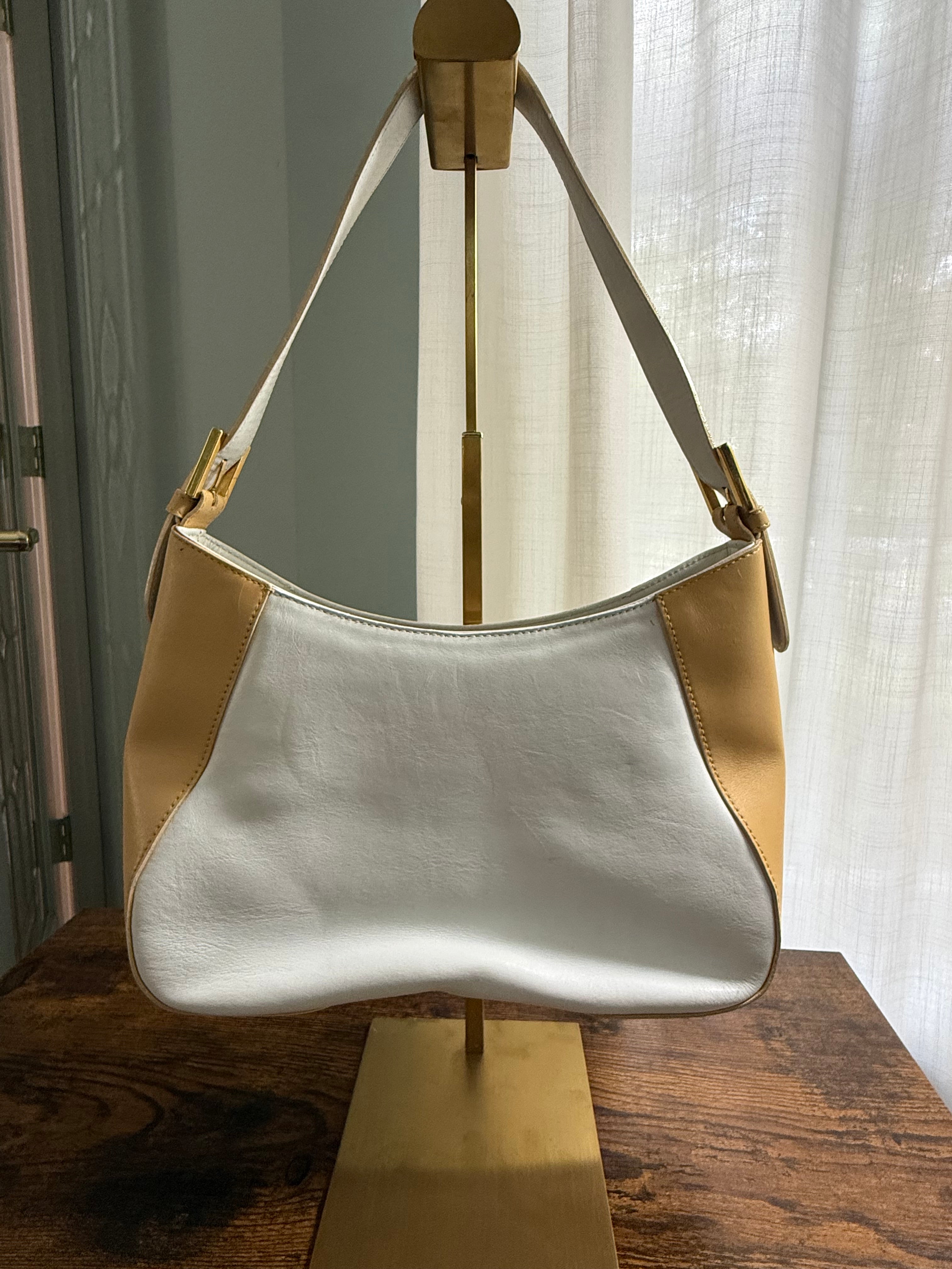 Bruno Magli Ivory Camel Leather Shoulder Bag Small Hobo Italy Gold Hardware Minimalist Y2K