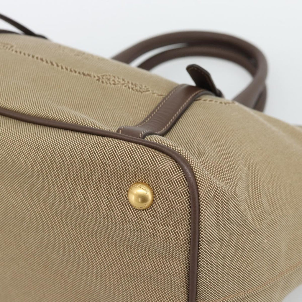 Prada Canapa Jacquard Logo Tote — Khaki Canvas, Brown Leather Trim