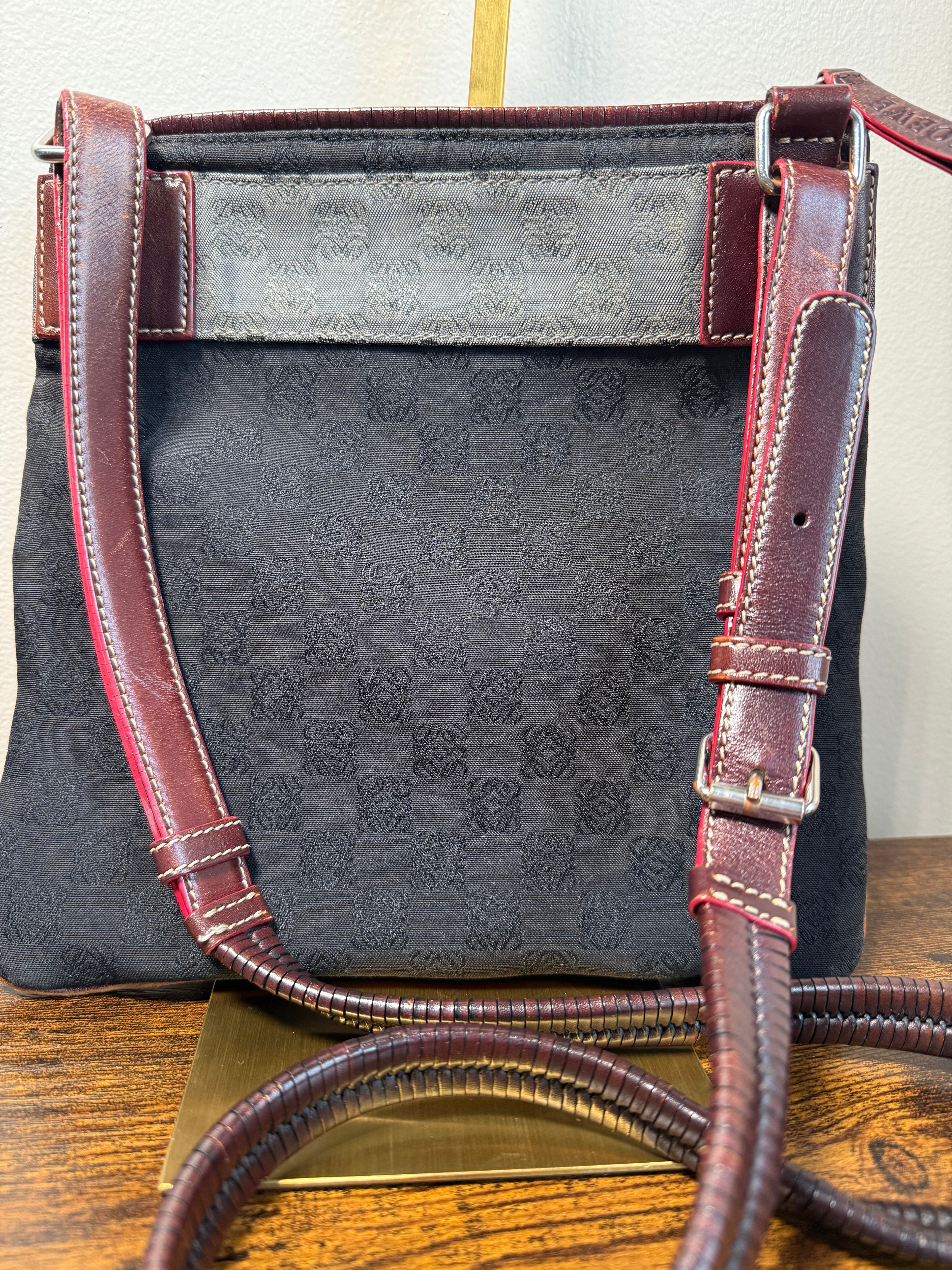 Loewe Anagram Canvas Crossbody Bag – Brown & Burgundy Leather Trim