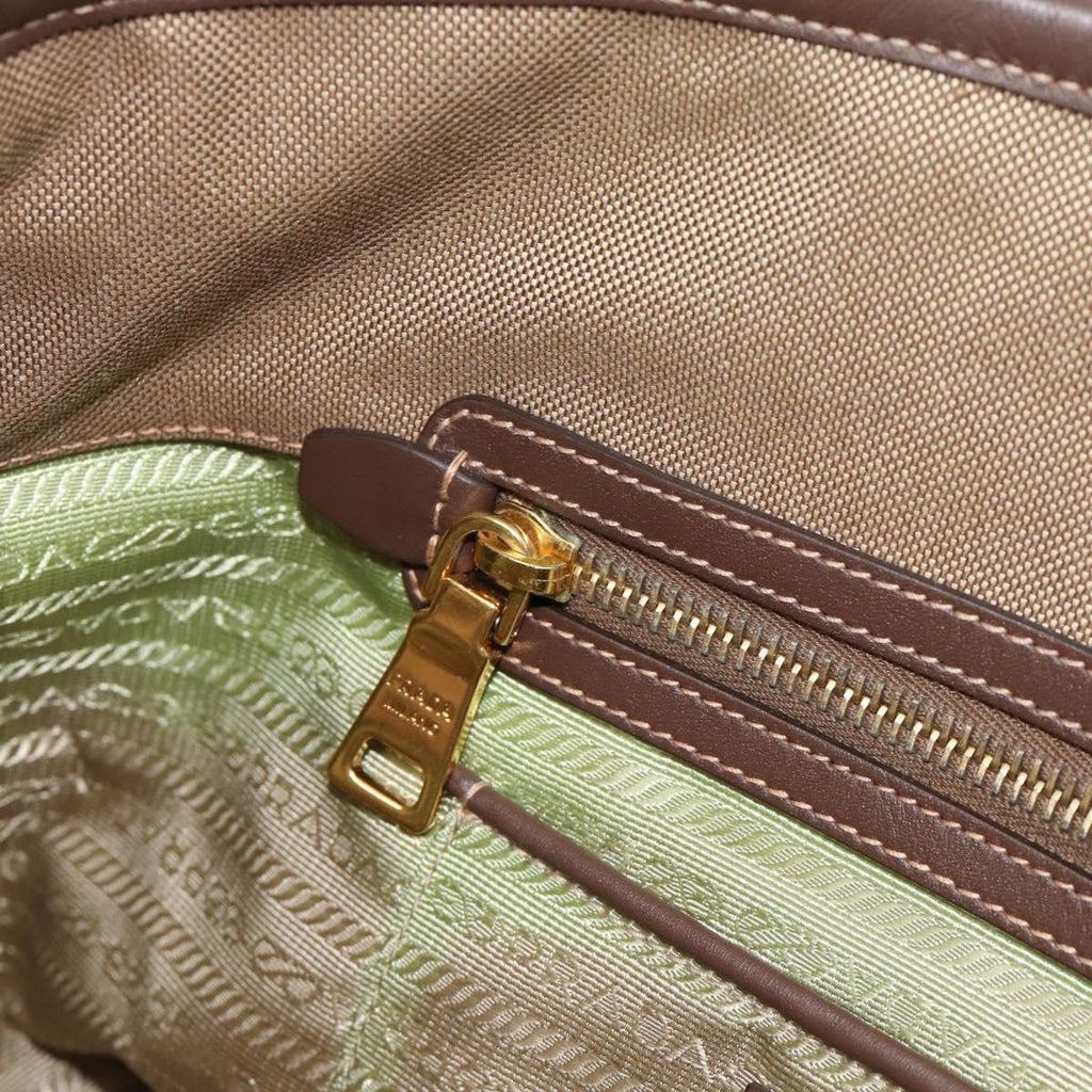 Prada Canapa Jacquard Logo Tote — Khaki Canvas, Brown Leather Trim