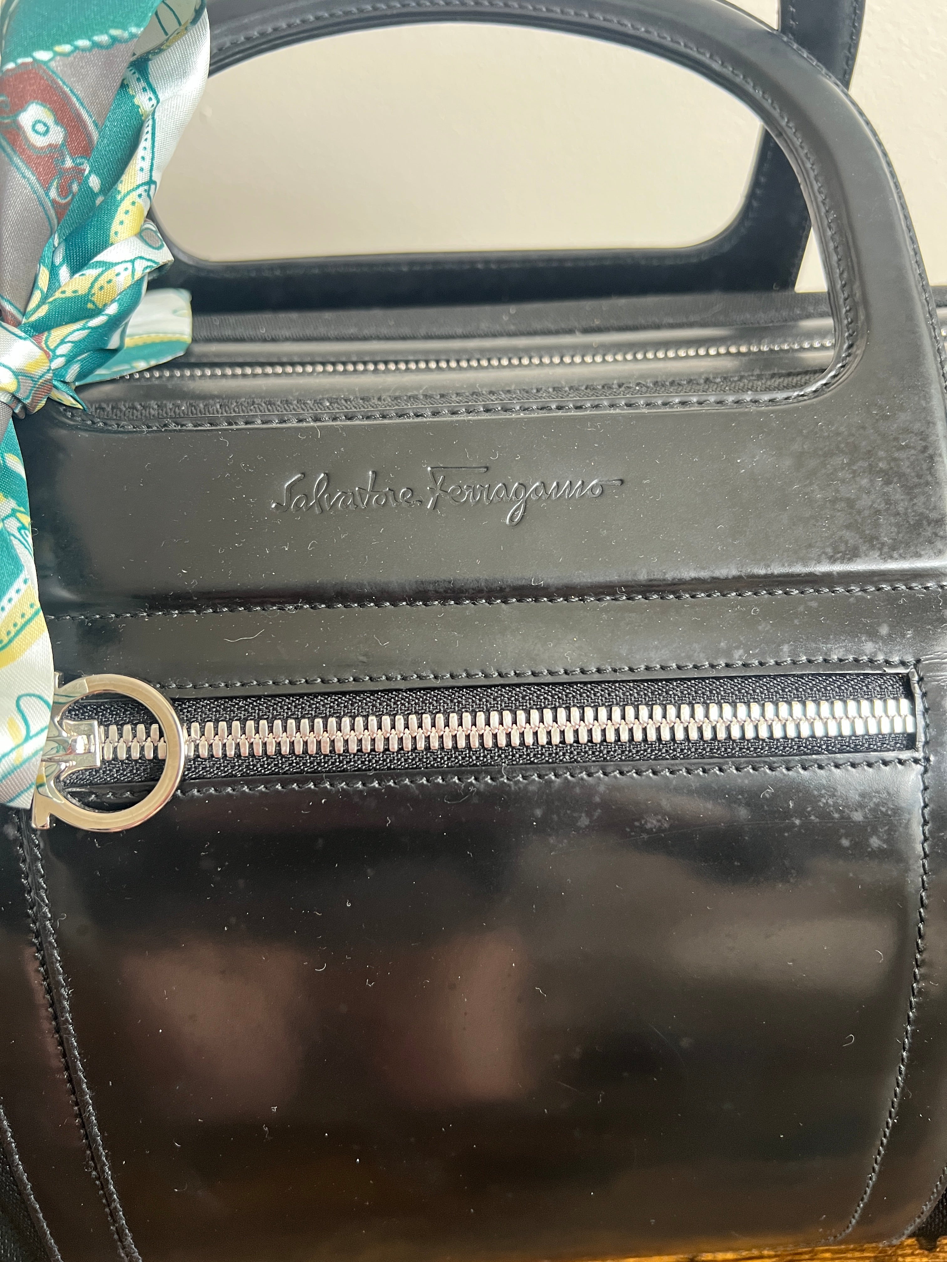 Ferragamo Patent Leather & Nylon Structured Top-Handle Tote – Black