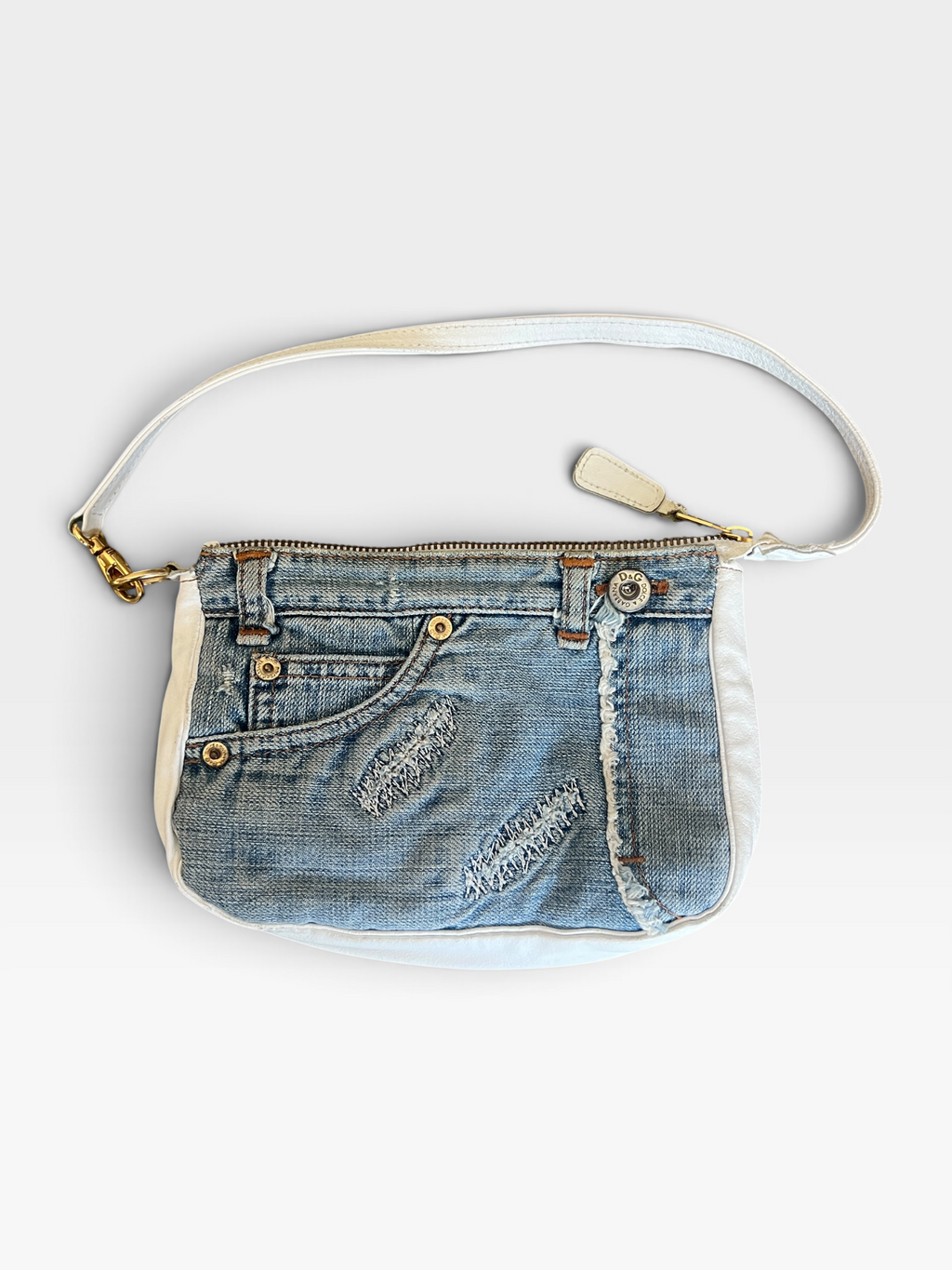 Dolce & Gabbana Y2K Distressed Denim & White Leather Shoulder Bag