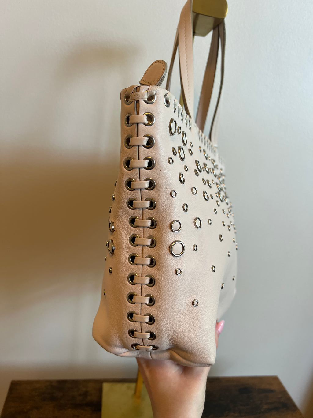 Salvatore Ferragamo Blush Gancini Studded Leather Tote Bag
