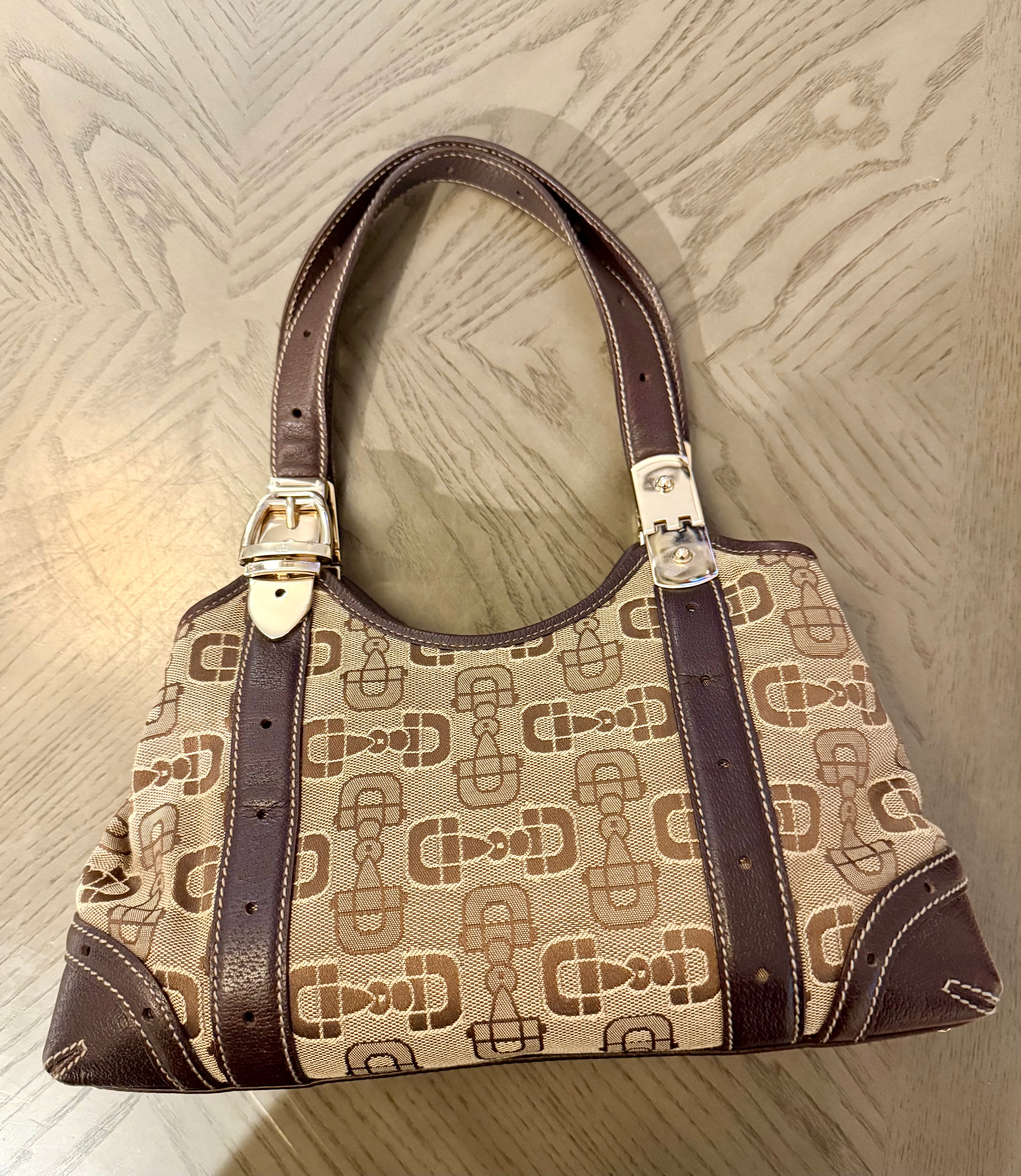 Gucci Horsebit Monogram Canvas & Leather Shoulder Bag