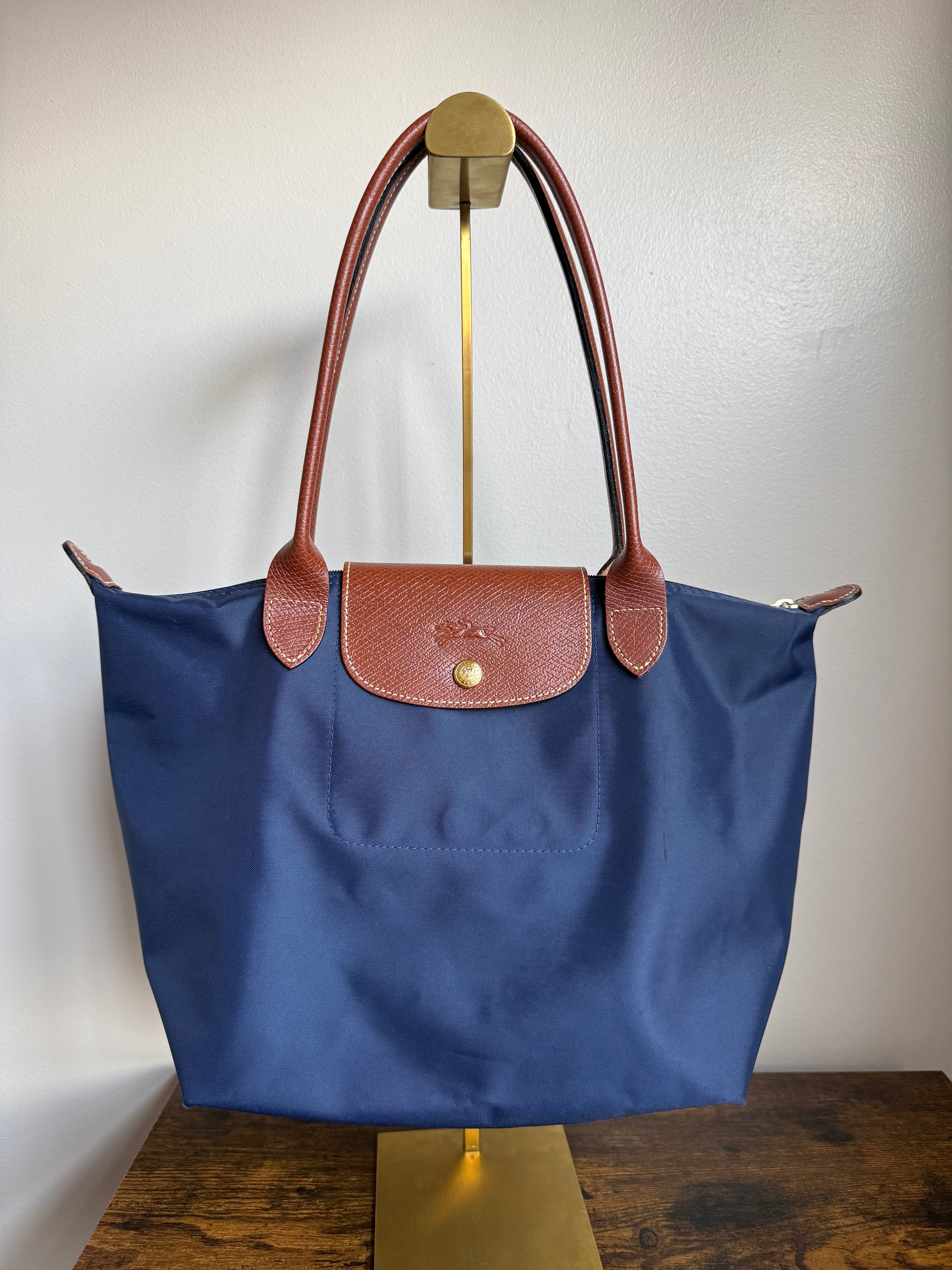 Longchamp Le Pliage Medium Navy Nylon Tote with Brown Leather Trim