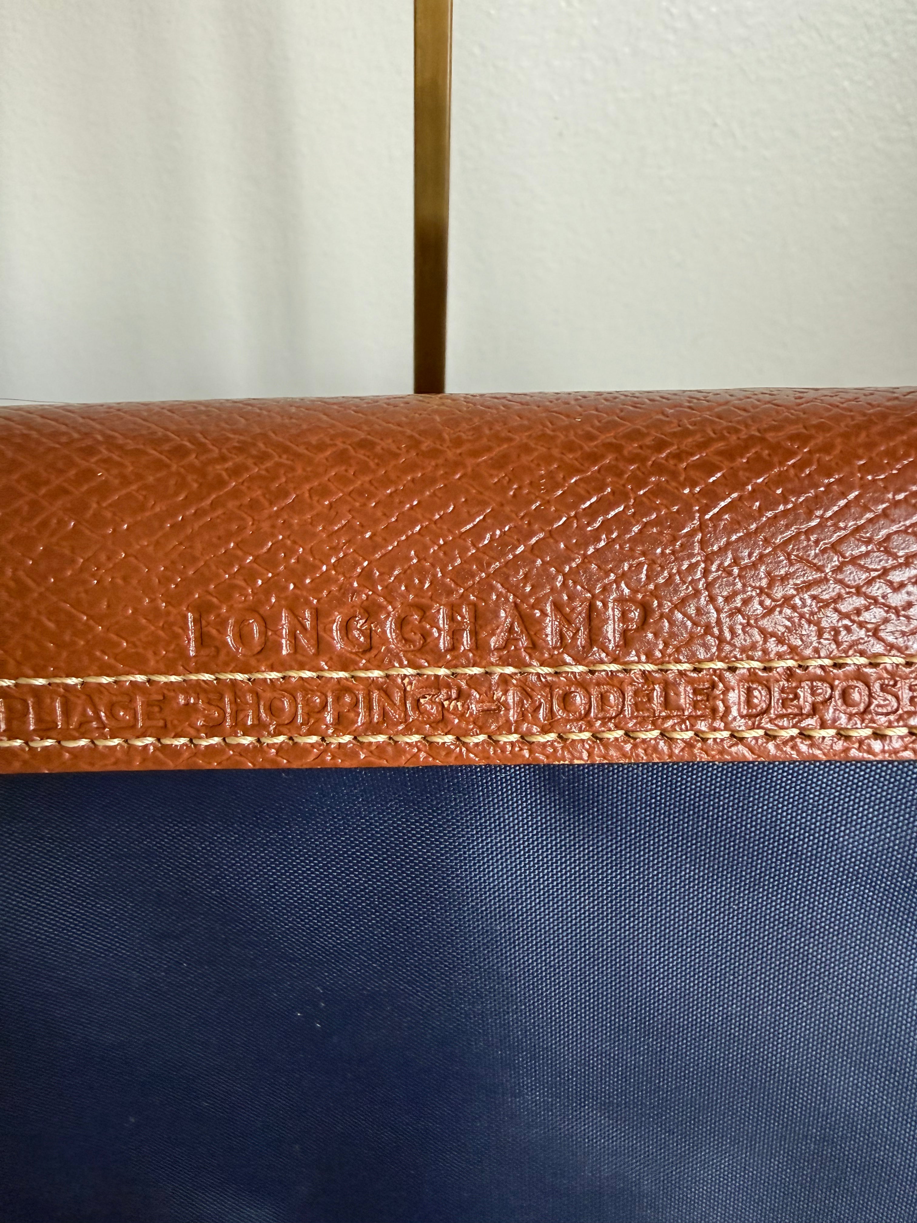 Longchamp Le Pliage Medium Navy Nylon Tote with Brown Leather Trim