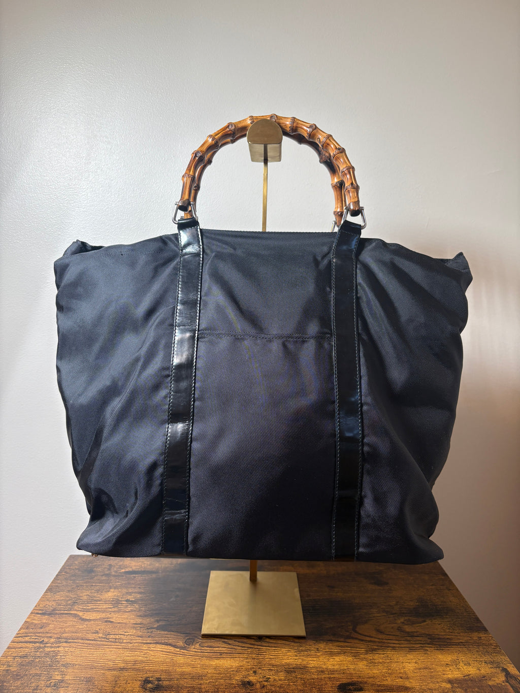 Gucci Black Nylon Bamboo Handle Tote Bag