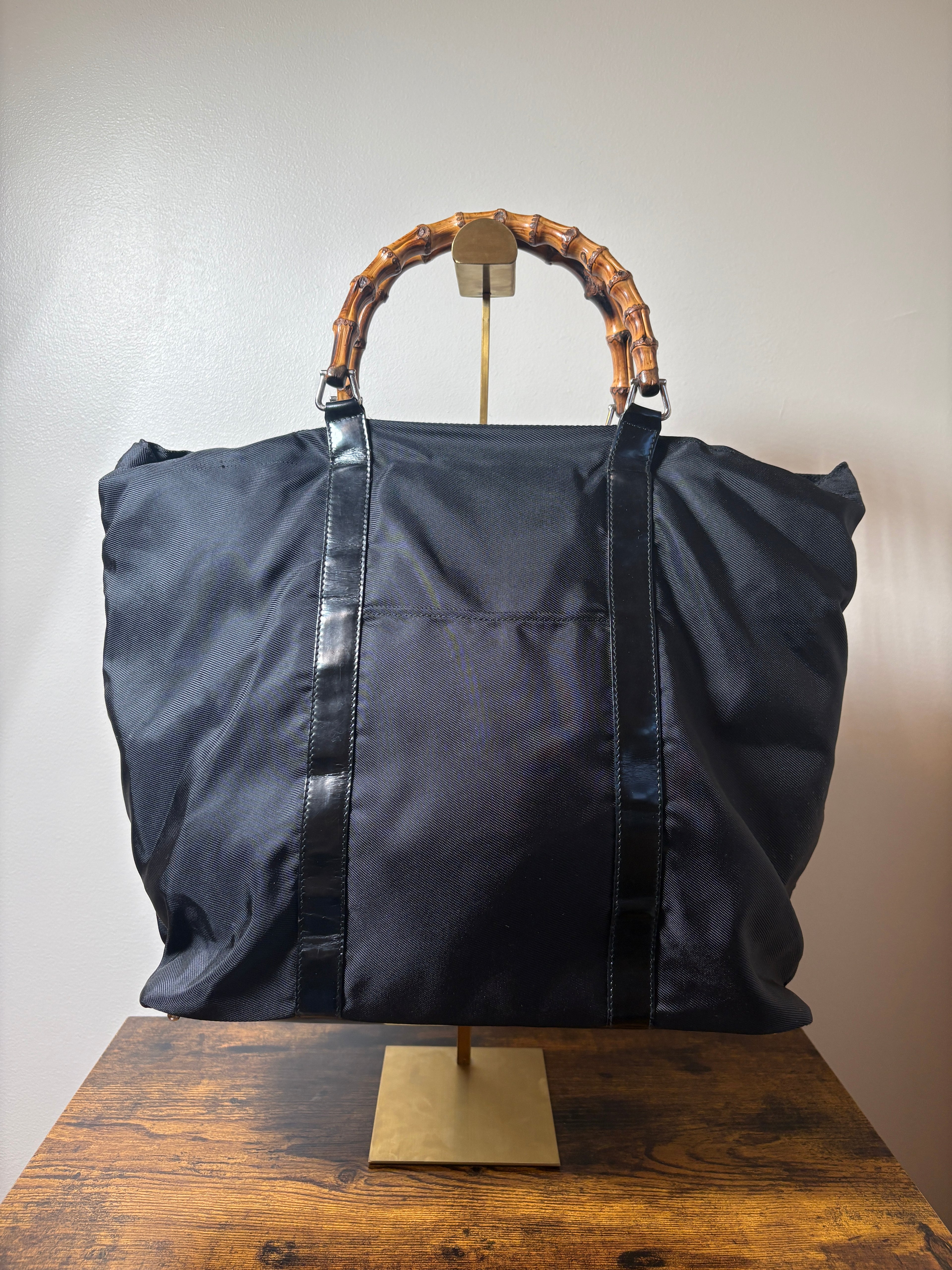 Gucci Black Nylon Bamboo Handle Tote Bag