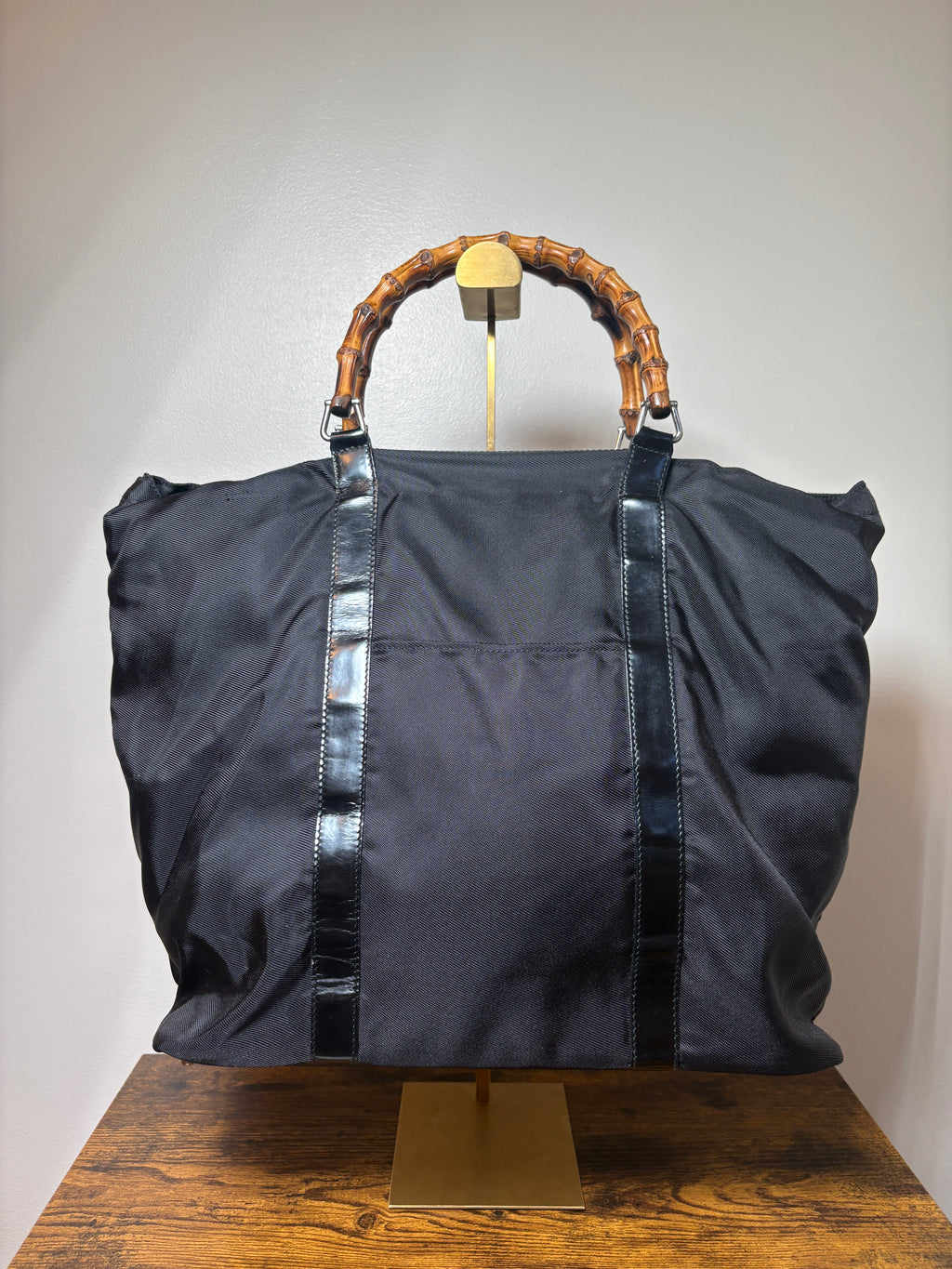 Gucci Black Nylon Bamboo Handle Tote Bag