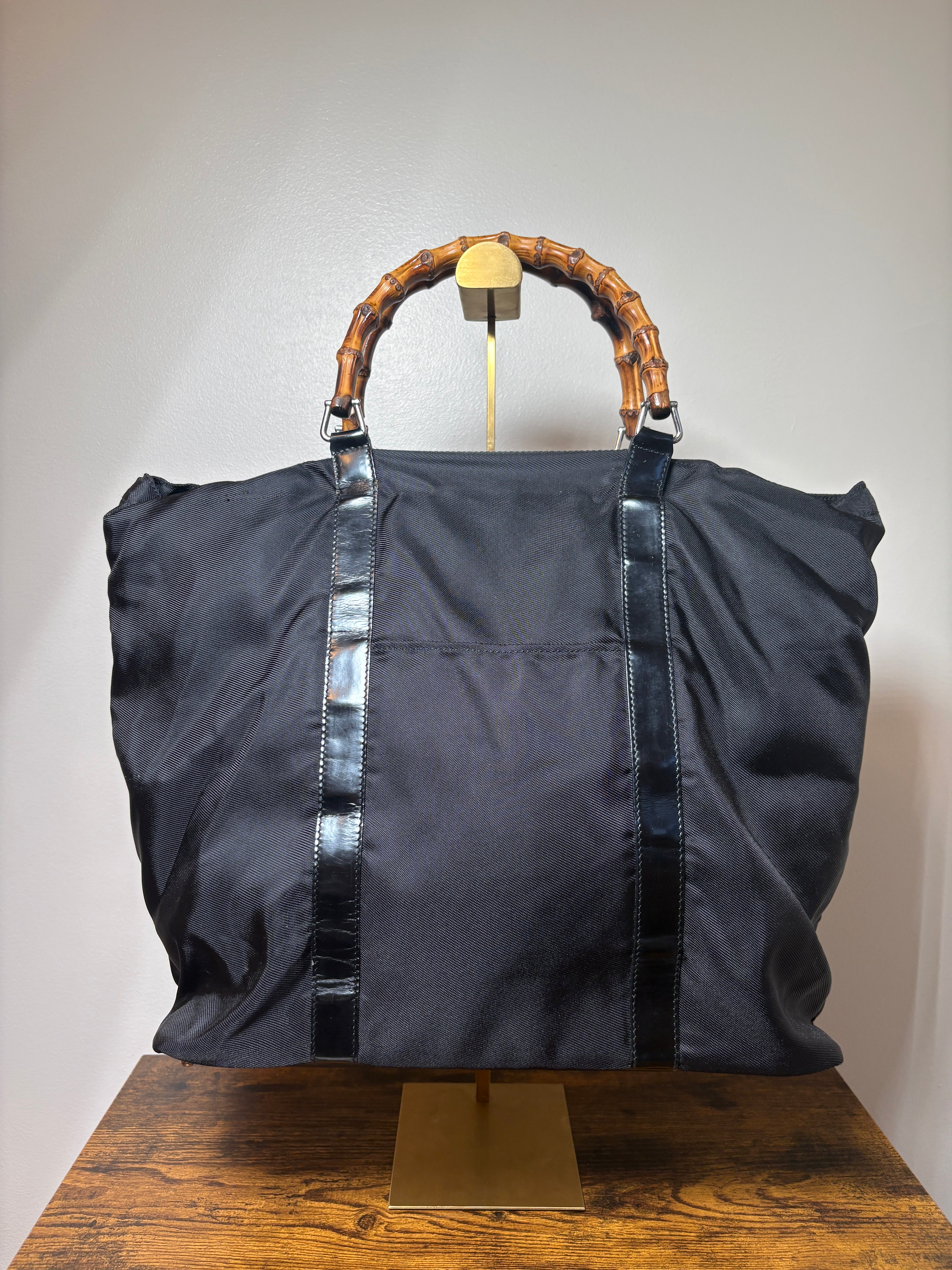 Gucci Black Nylon Bamboo Handle Tote Bag