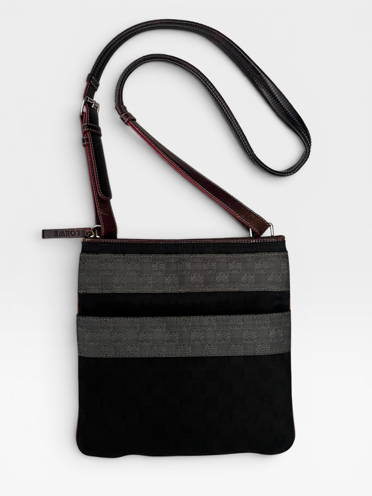 Loewe Anagram Canvas Crossbody Bag – Brown & Burgundy Leather Trim