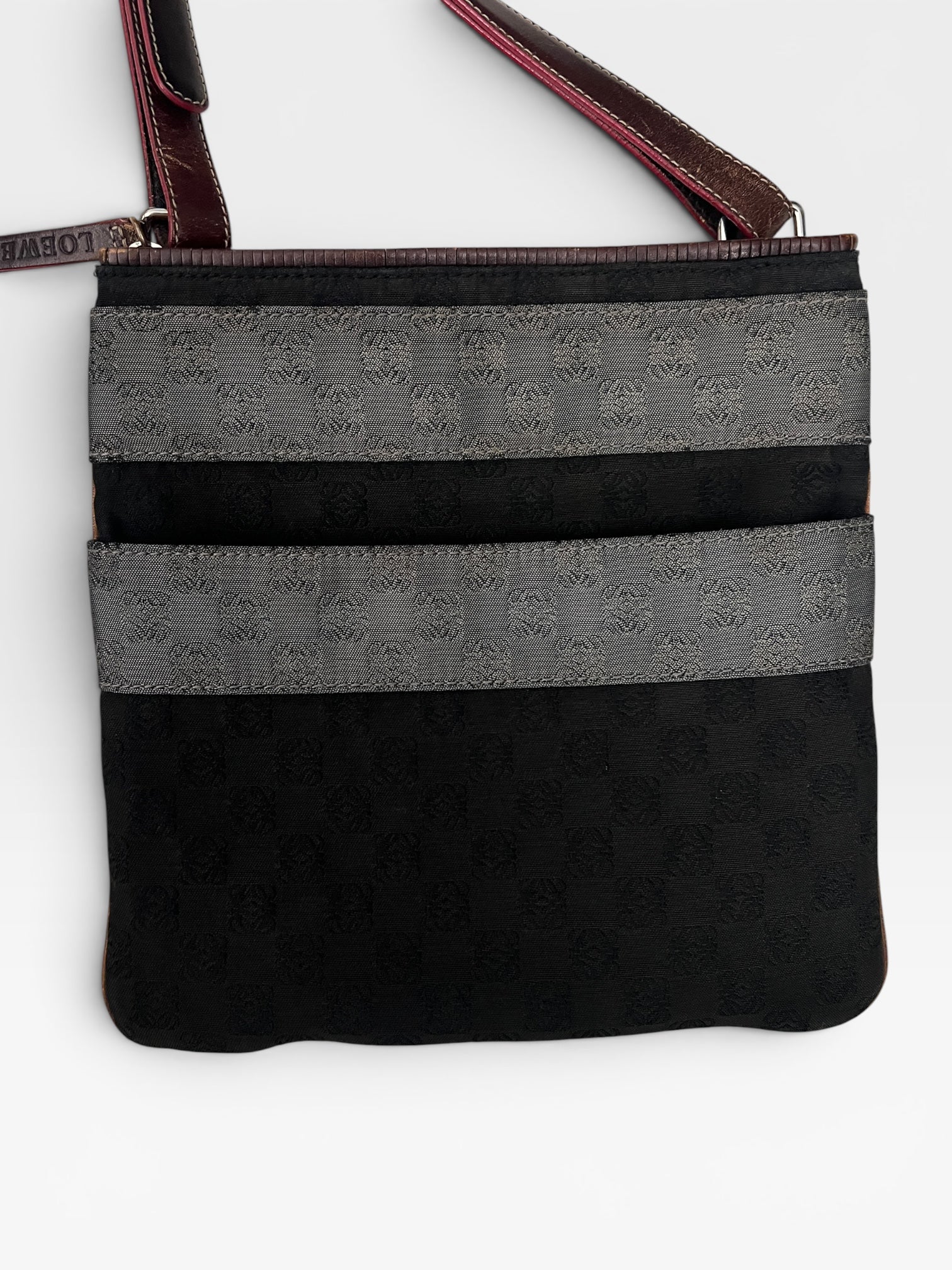 Loewe Anagram Canvas Crossbody Bag – Brown & Burgundy Leather Trim