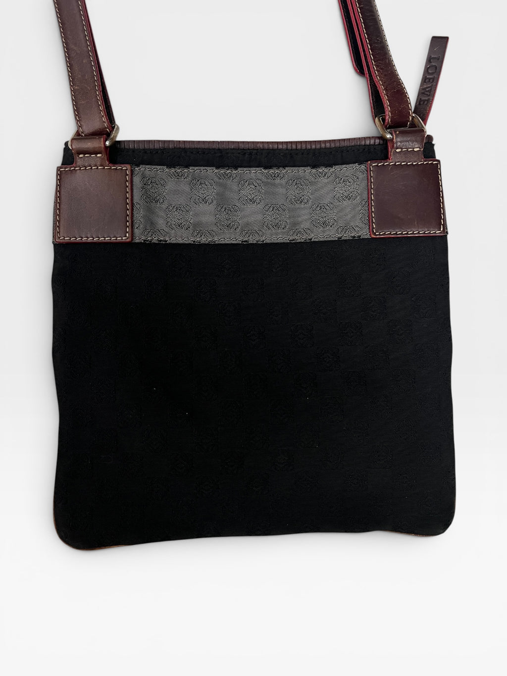 Loewe Anagram Canvas Crossbody Bag – Brown & Burgundy Leather Trim