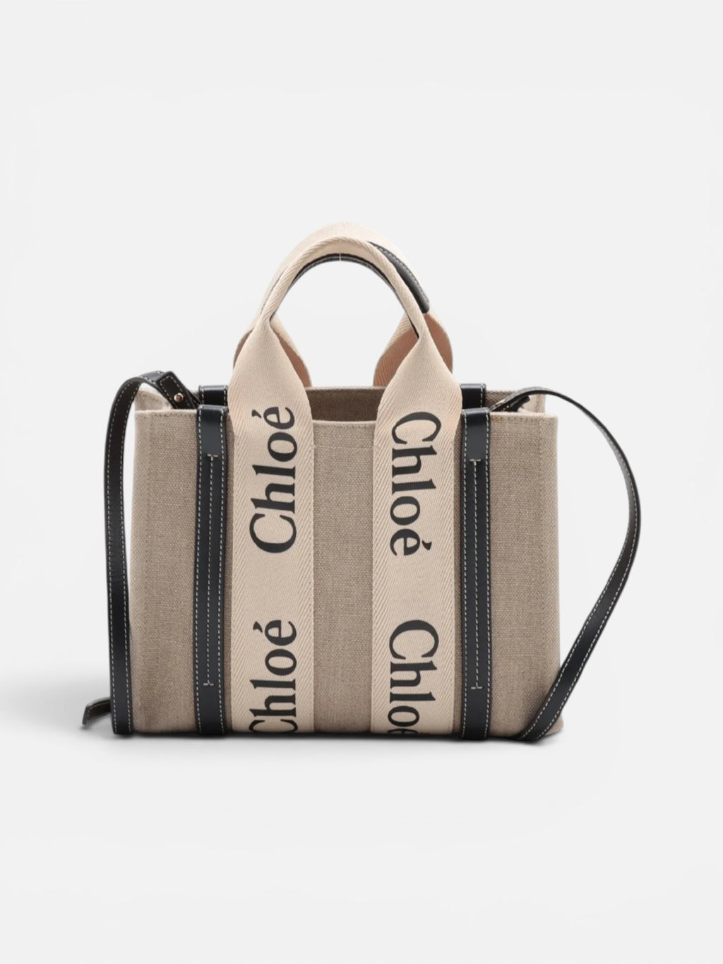 Chloé Woody Small Canvas & Leather 2-Way Handbag Beige Black