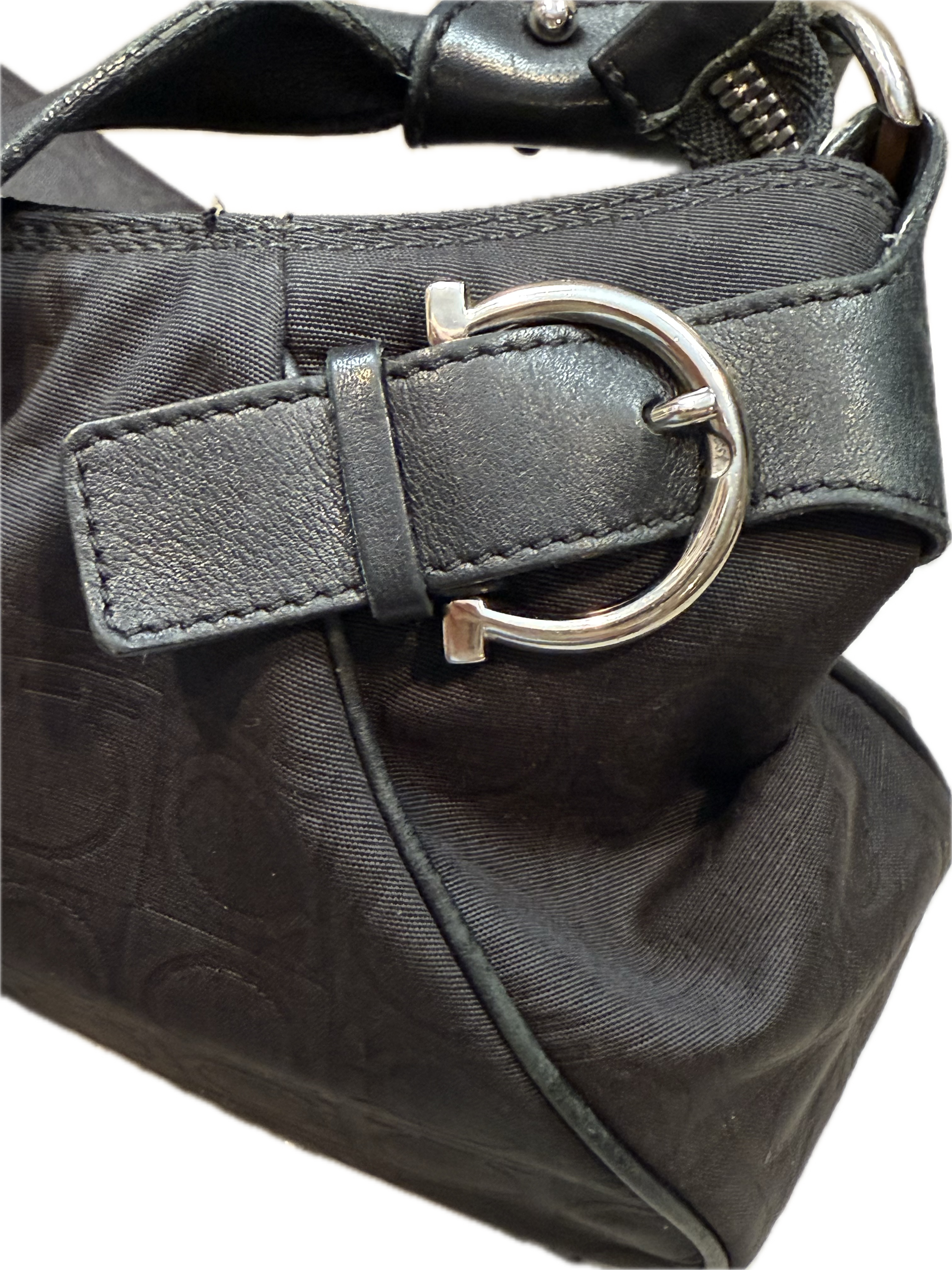 Ferragamo Black Gancini Canvas Shoulder Bag