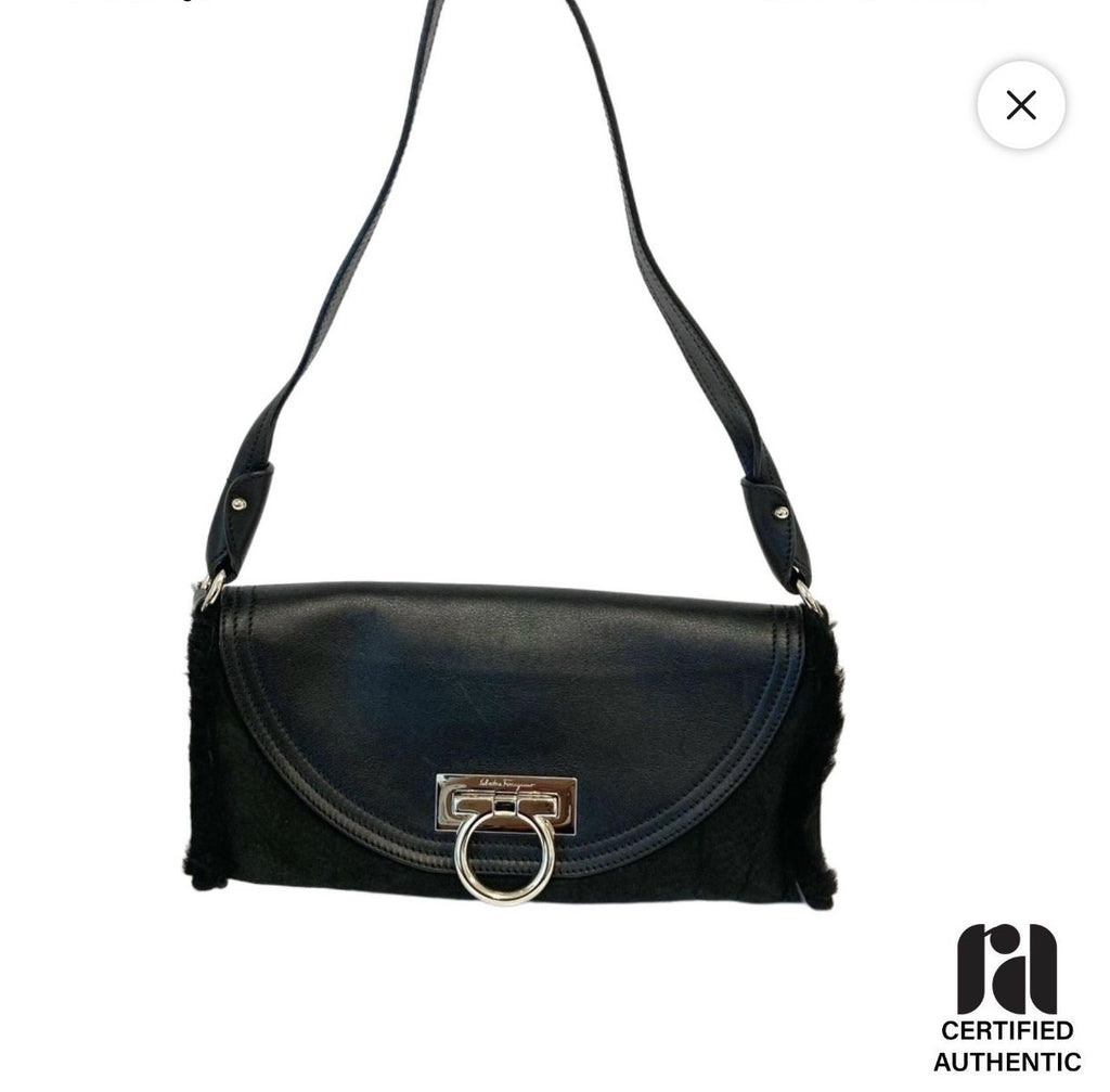 Salvatore Ferragamo Black Shearling & Leather Gancini Mini Shoulder Bag