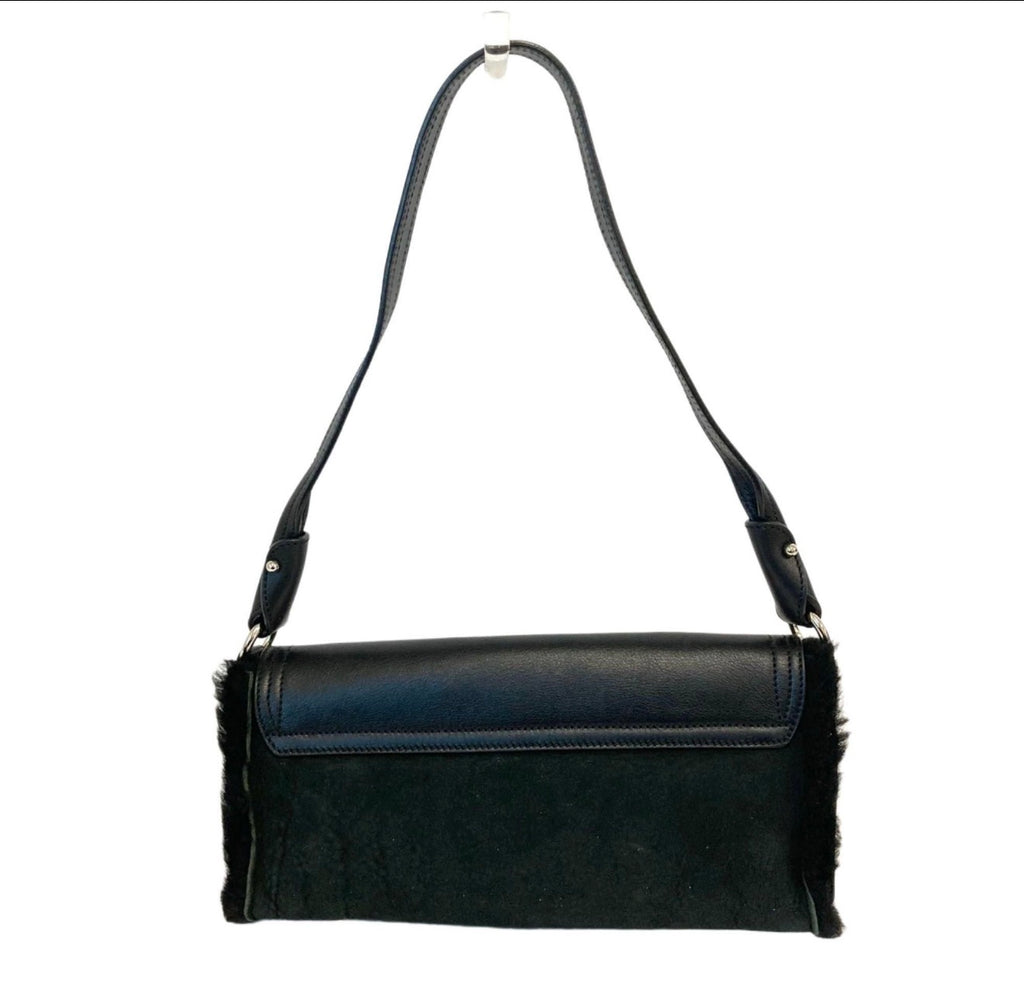 Salvatore Ferragamo Black Shearling & Leather Gancini Mini Shoulder Bag