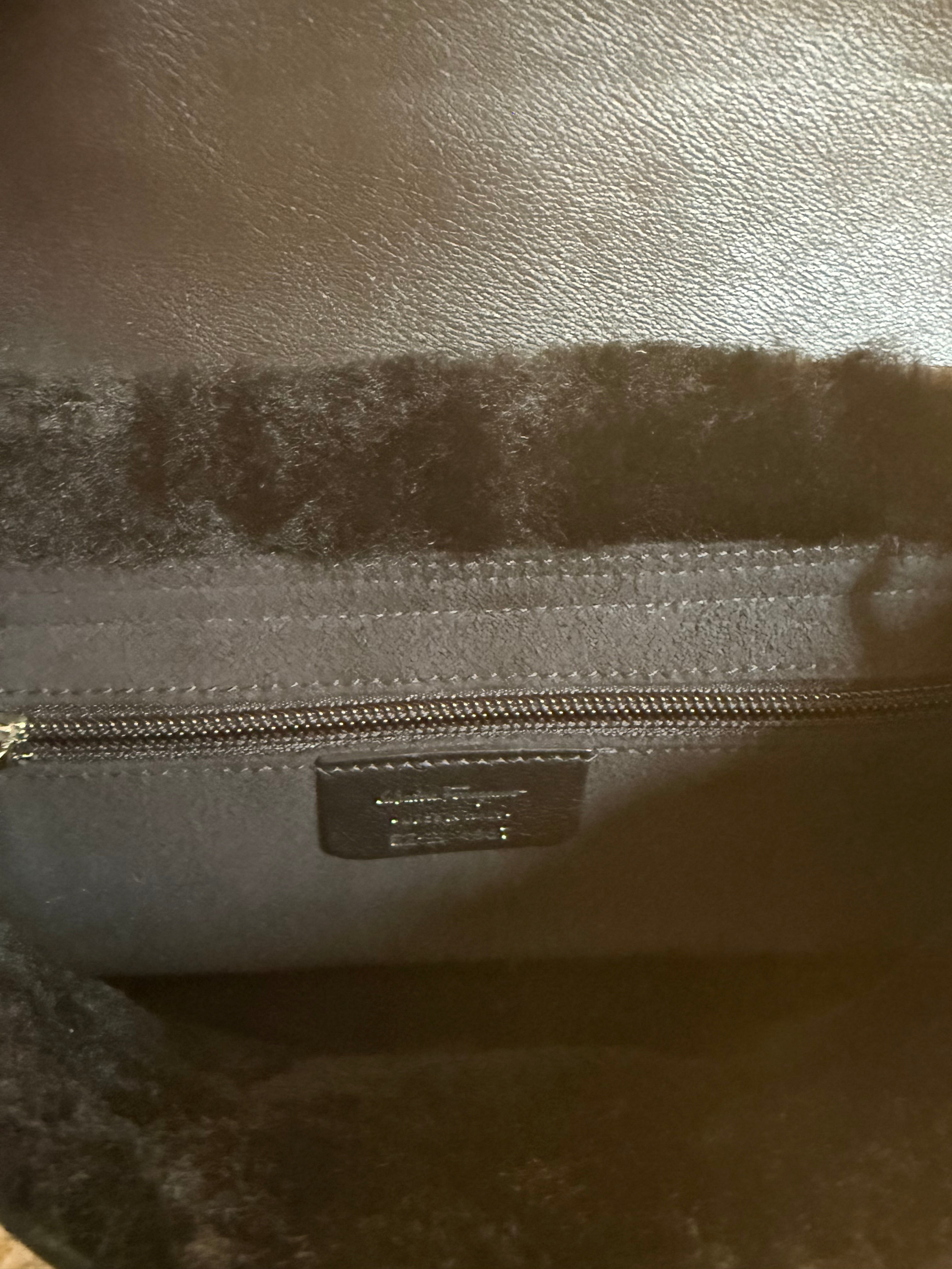 Salvatore Ferragamo Black Shearling & Leather Gancini Mini Shoulder Bag