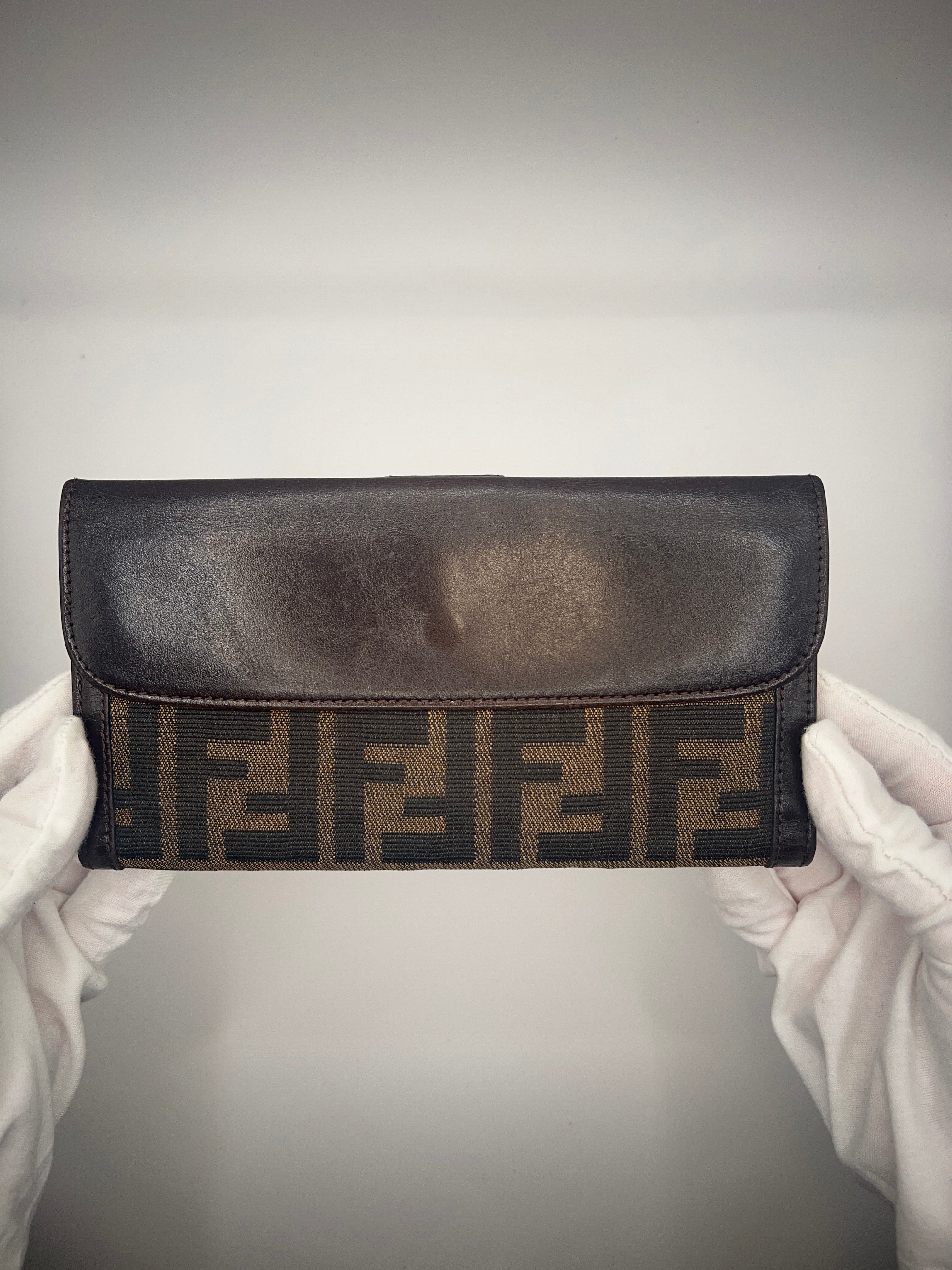Fendi Zucca Monogram Continental Wallet – Brown Canvas & Leather Trim