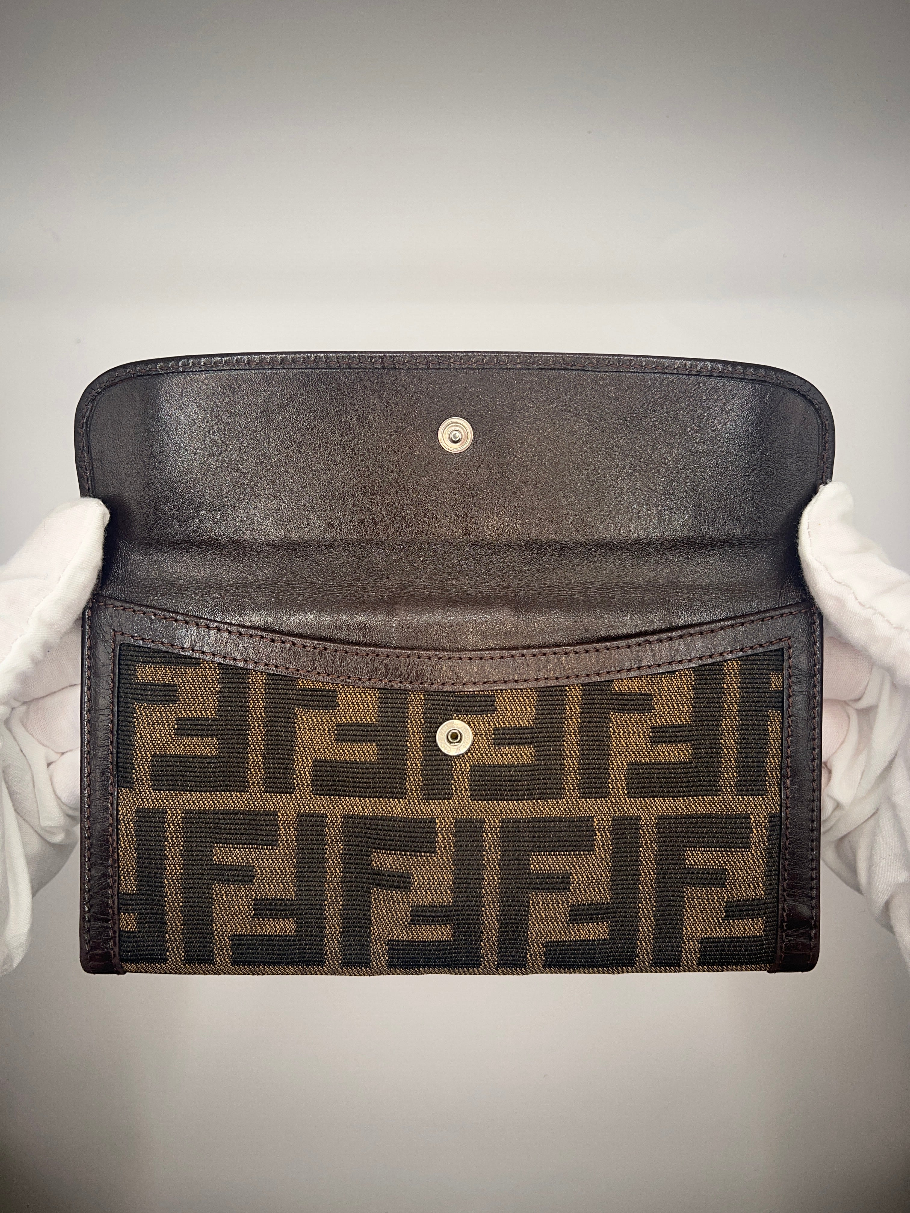 Fendi Zucca Monogram Continental Wallet – Brown Canvas & Leather Trim