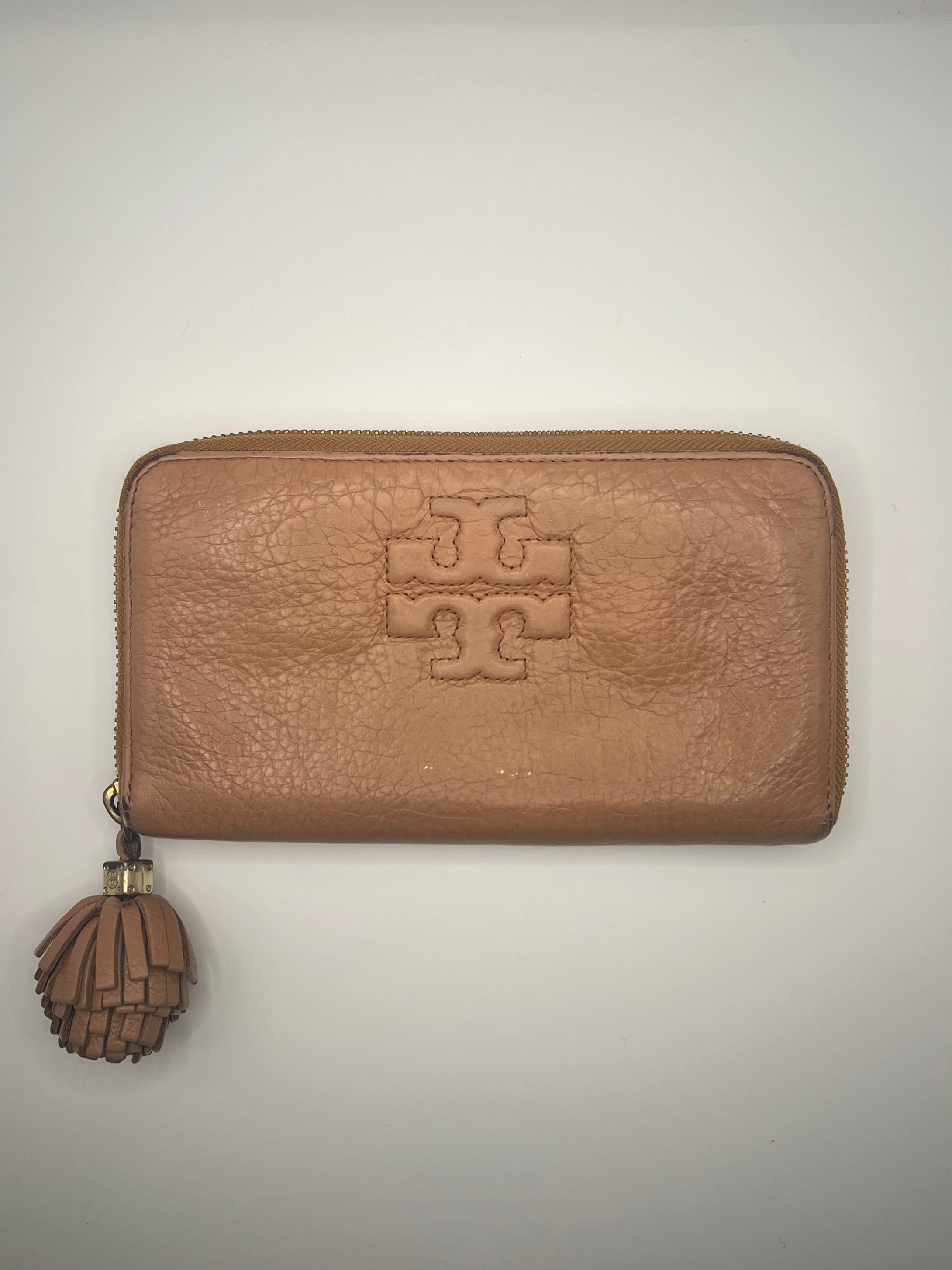 Tory Burch Pebbled Leather Tassel Zip Wallet